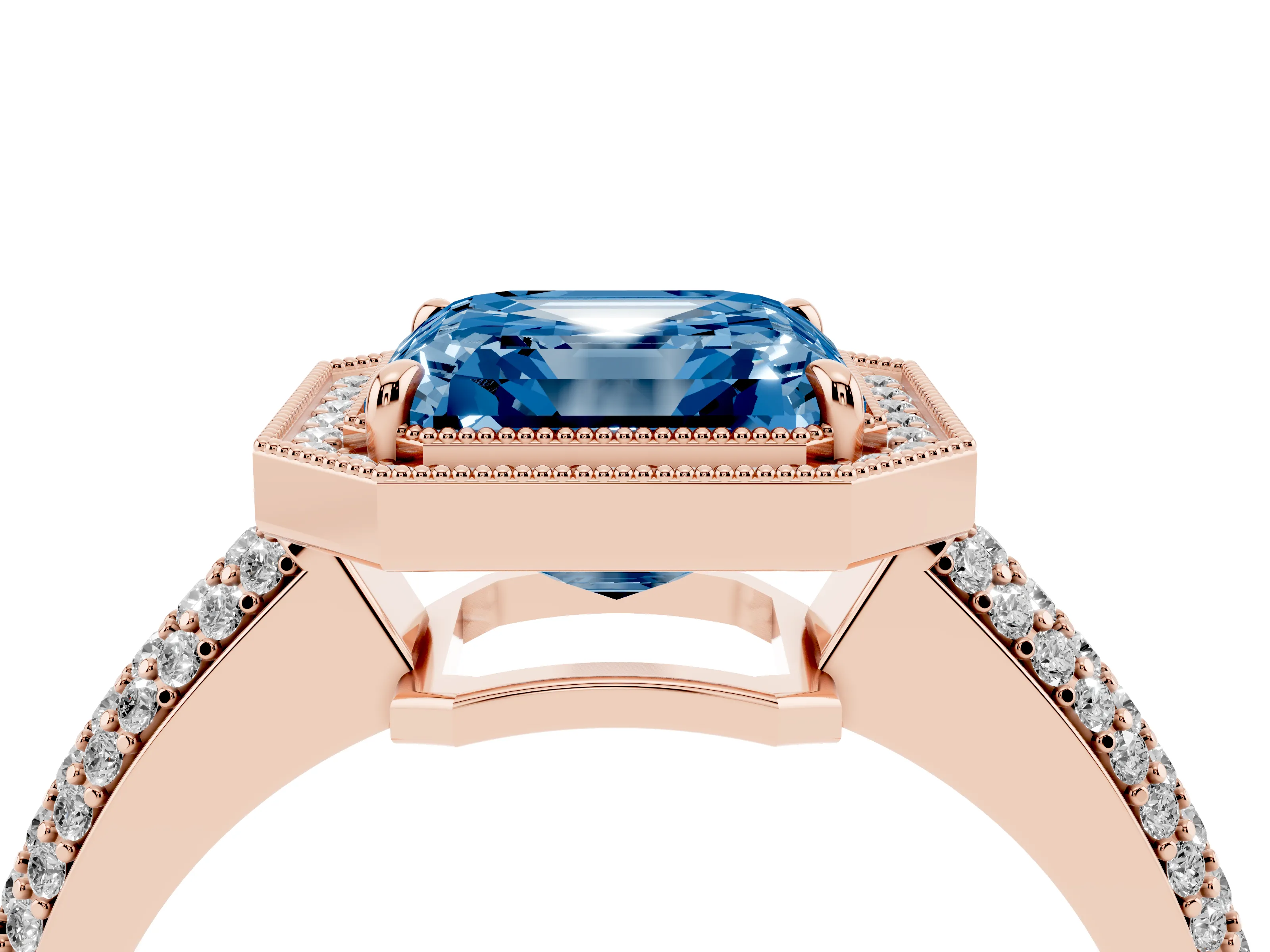 Fancy Blue Asscher Cut Diamond Halo Pavé Band Set in Rose gold with Prong Setting