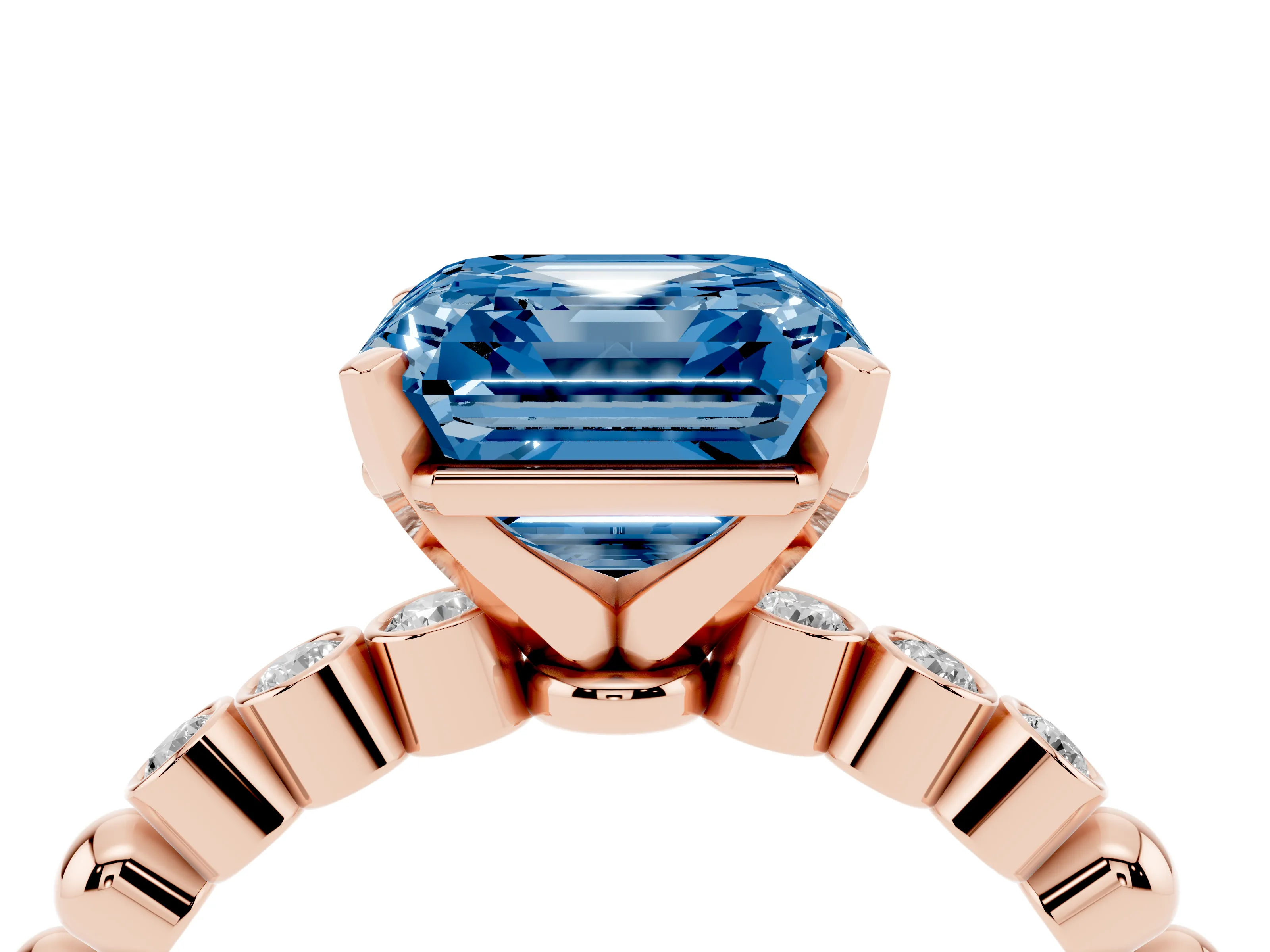 Fancy Blue Asscher Cut Diamond Solitaire Engagement Ring Set in Rose gold with Bezel Accents on Beaded Band