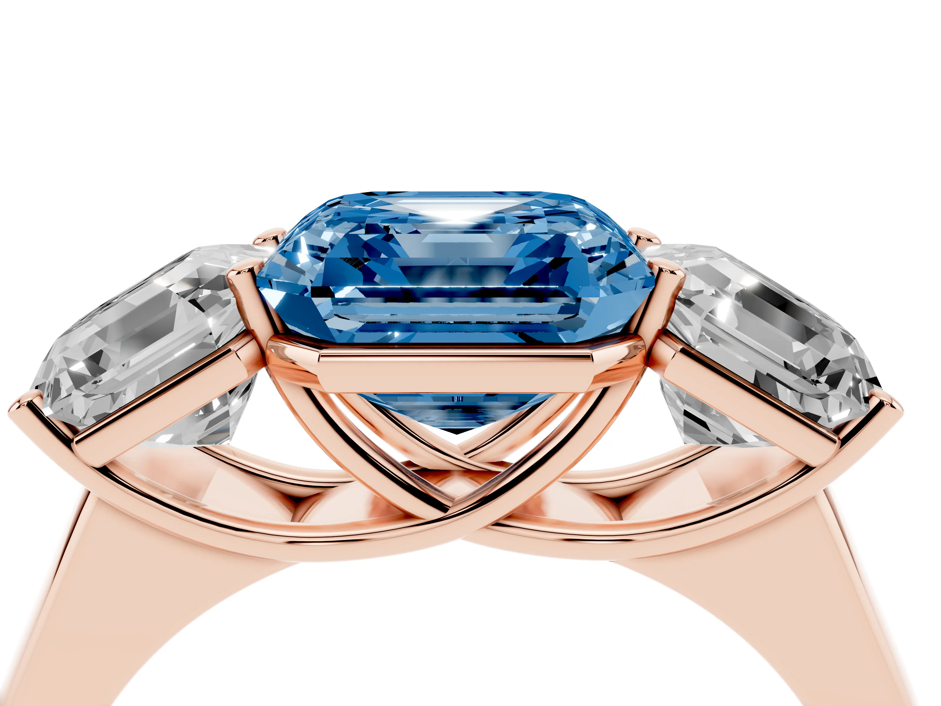 Fancy Blue Asscher Cut Diamond Three-Stone Ring Set in Rose gold with Plain Polished Band