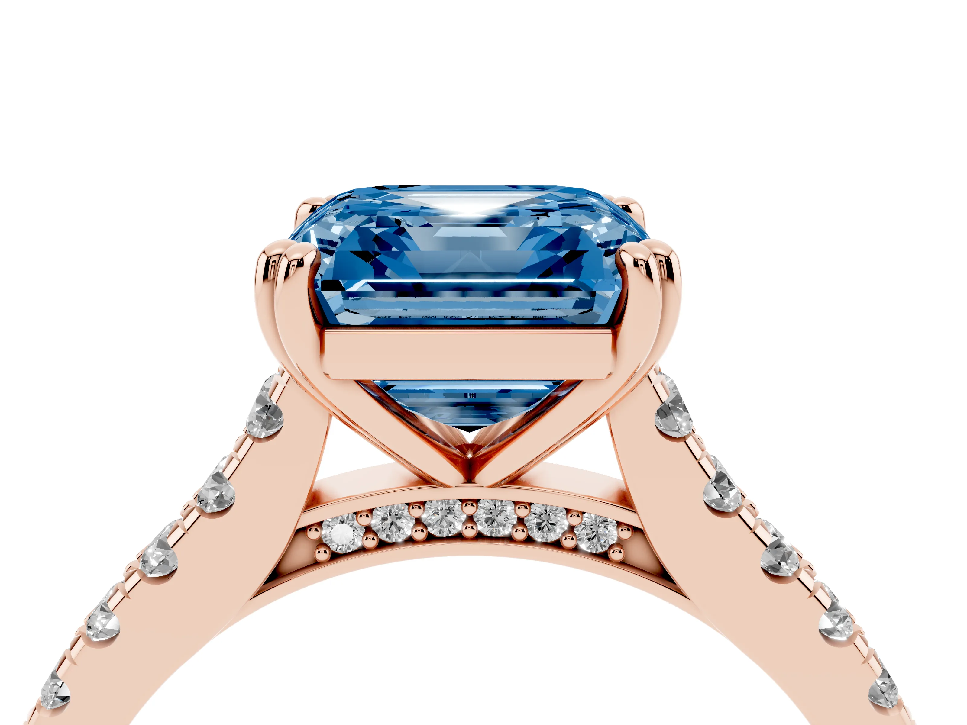 Fancy Blue Asscher Cut Diamond Solitaire Engagement Ring Set in Rose gold with Pavé Accents and Prong Setting