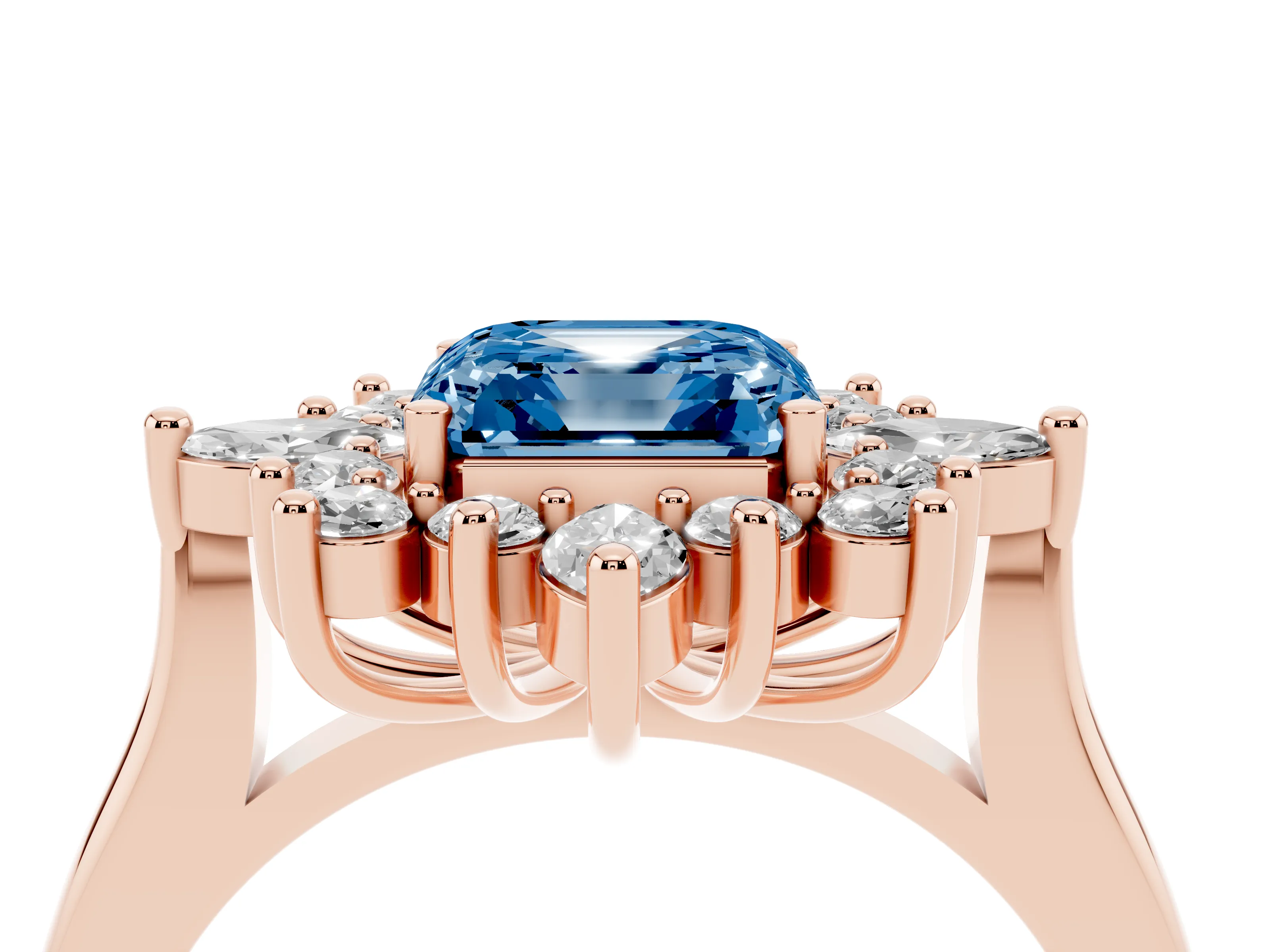 Fancy Blue Asscher Cut Diamond Cluster Halo Ring Set in Rose gold with Marquise and Round Accents
