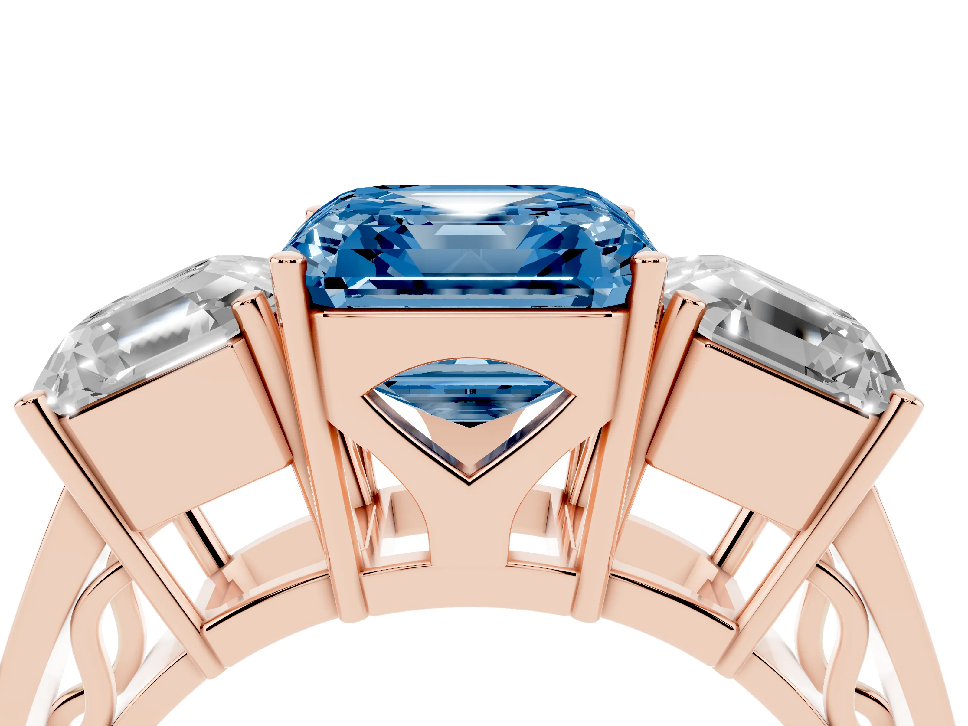 Fancy Blue Asscher Cut Diamond Three-Stone Ring Set in Rose gold with Textured Band