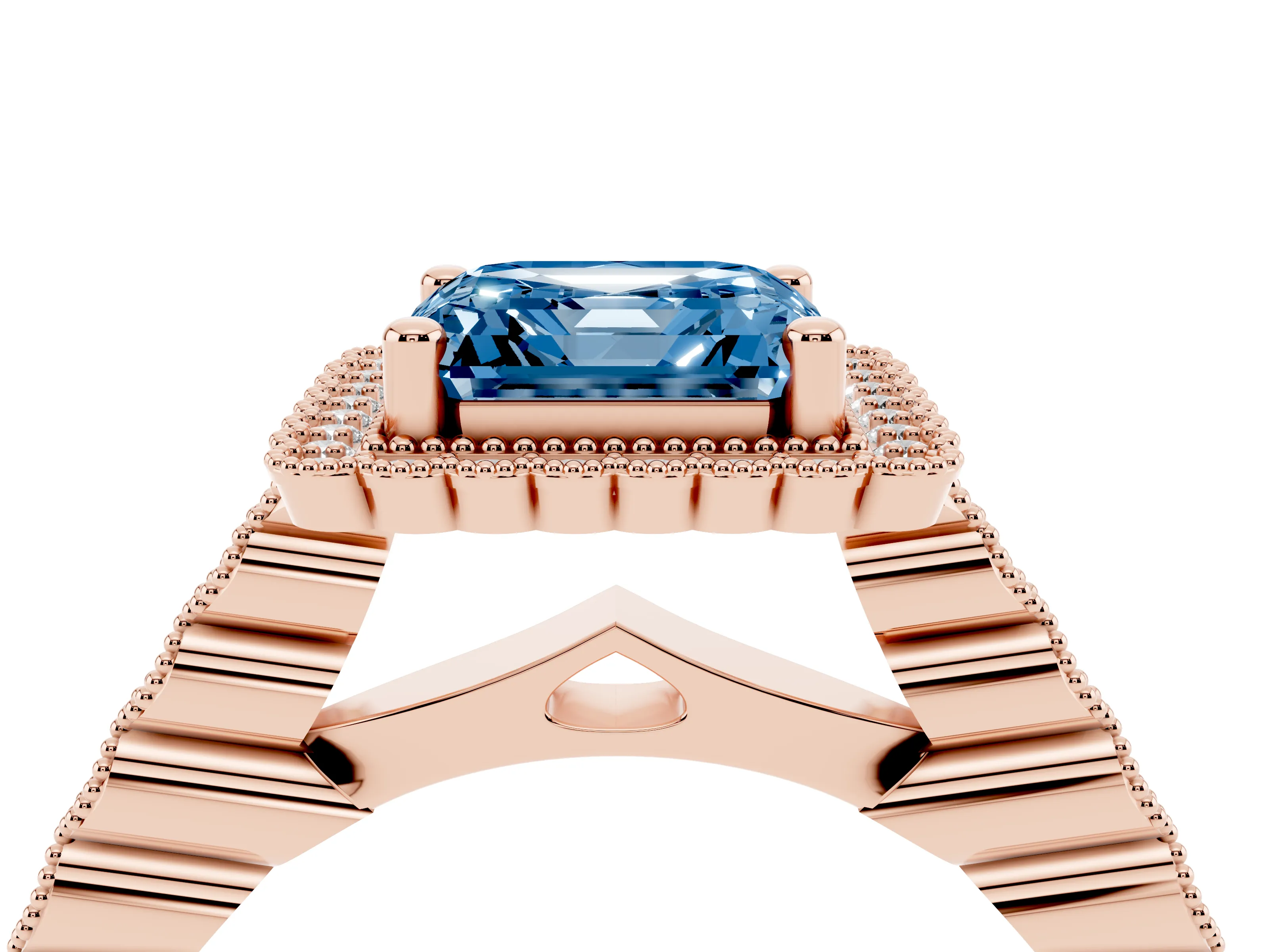 Fancy Blue Asscher Cut Diamond Halo Ring Set in Rose gold with Pavé Milgrain Band
