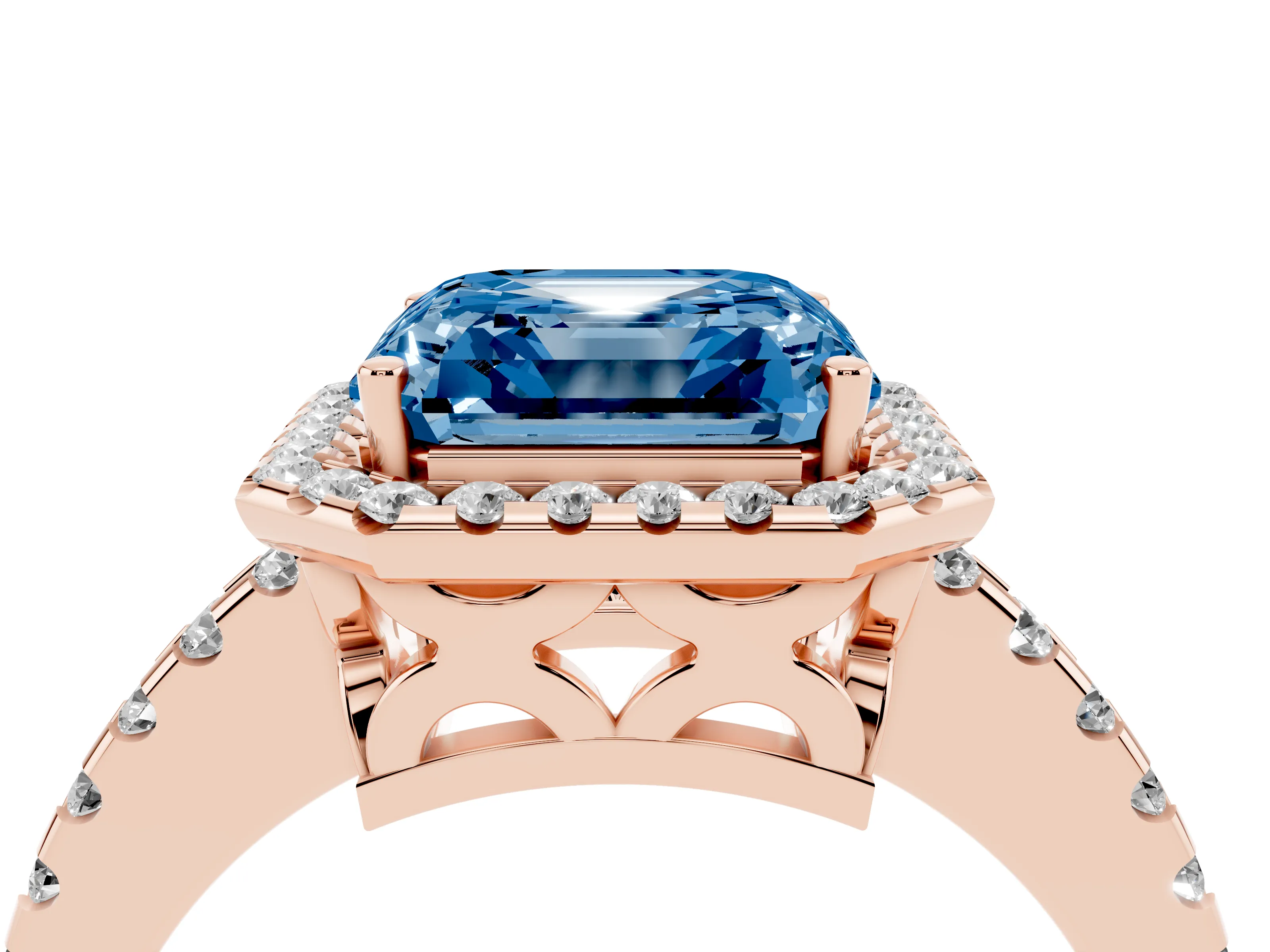 Fancy Blue Asscher Cut Diamond Halo Ring Set in Rose gold with Pavé Shoulders and Halo-Framed Center