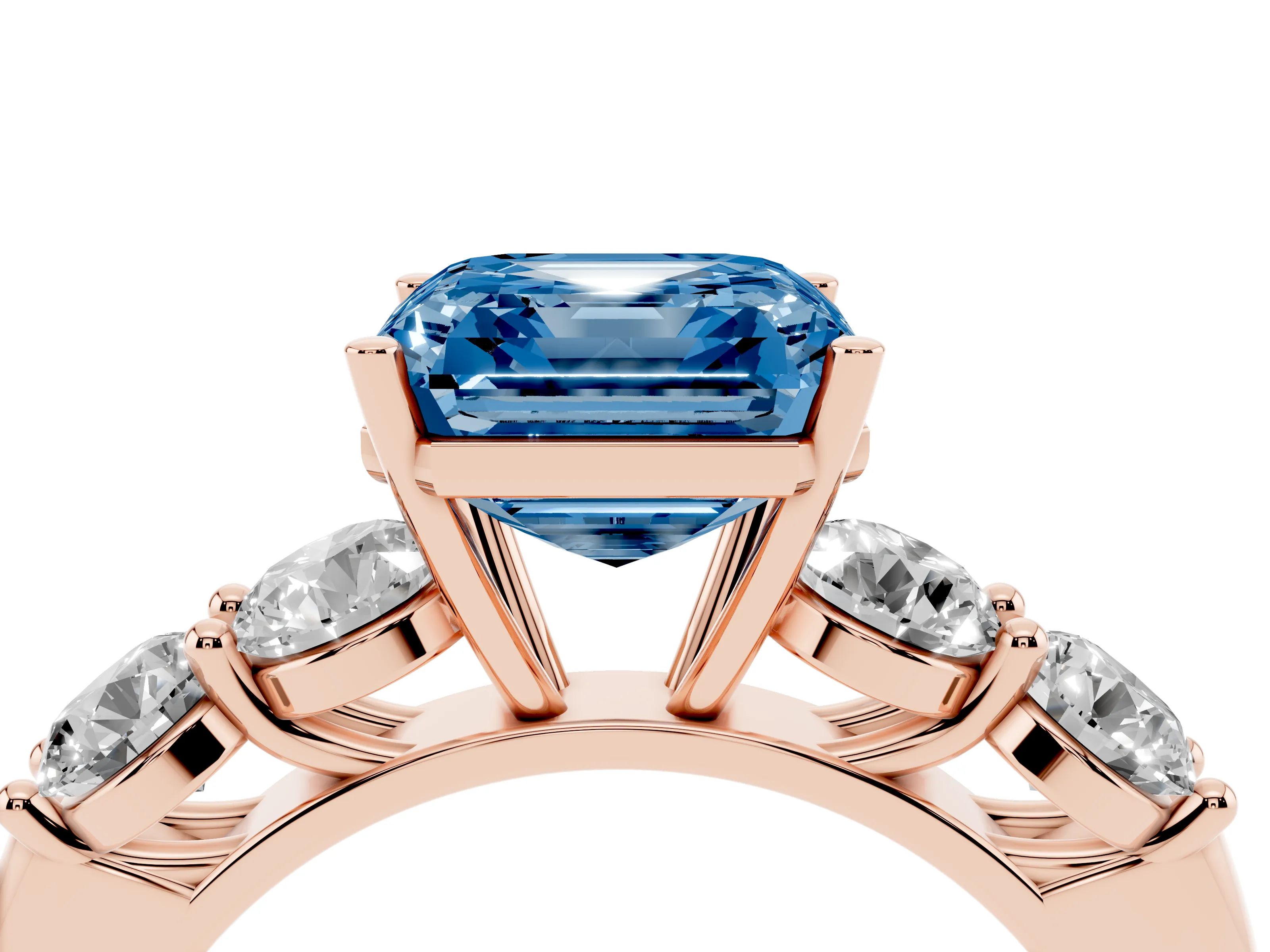 Fancy Blue Asscher Cut Diamond Five-Stone Prong Set Ring Set in Rose gold with Classic Band