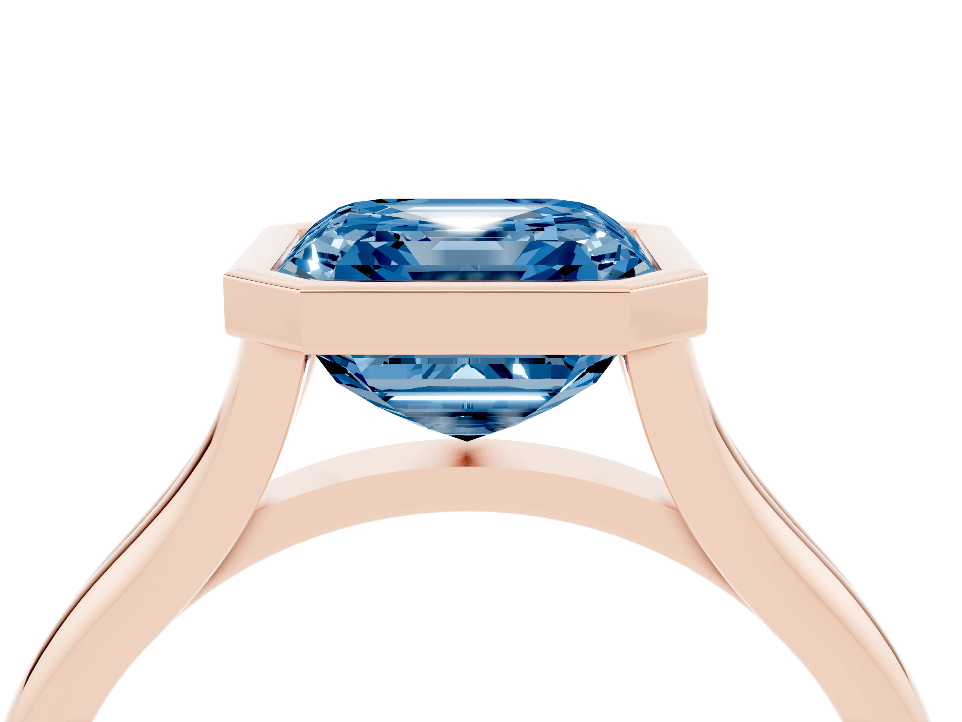 Fancy Blue Bezel Set Asscher Cut Diamond Solitaire Ring Set in Rose gold with Tapered Band