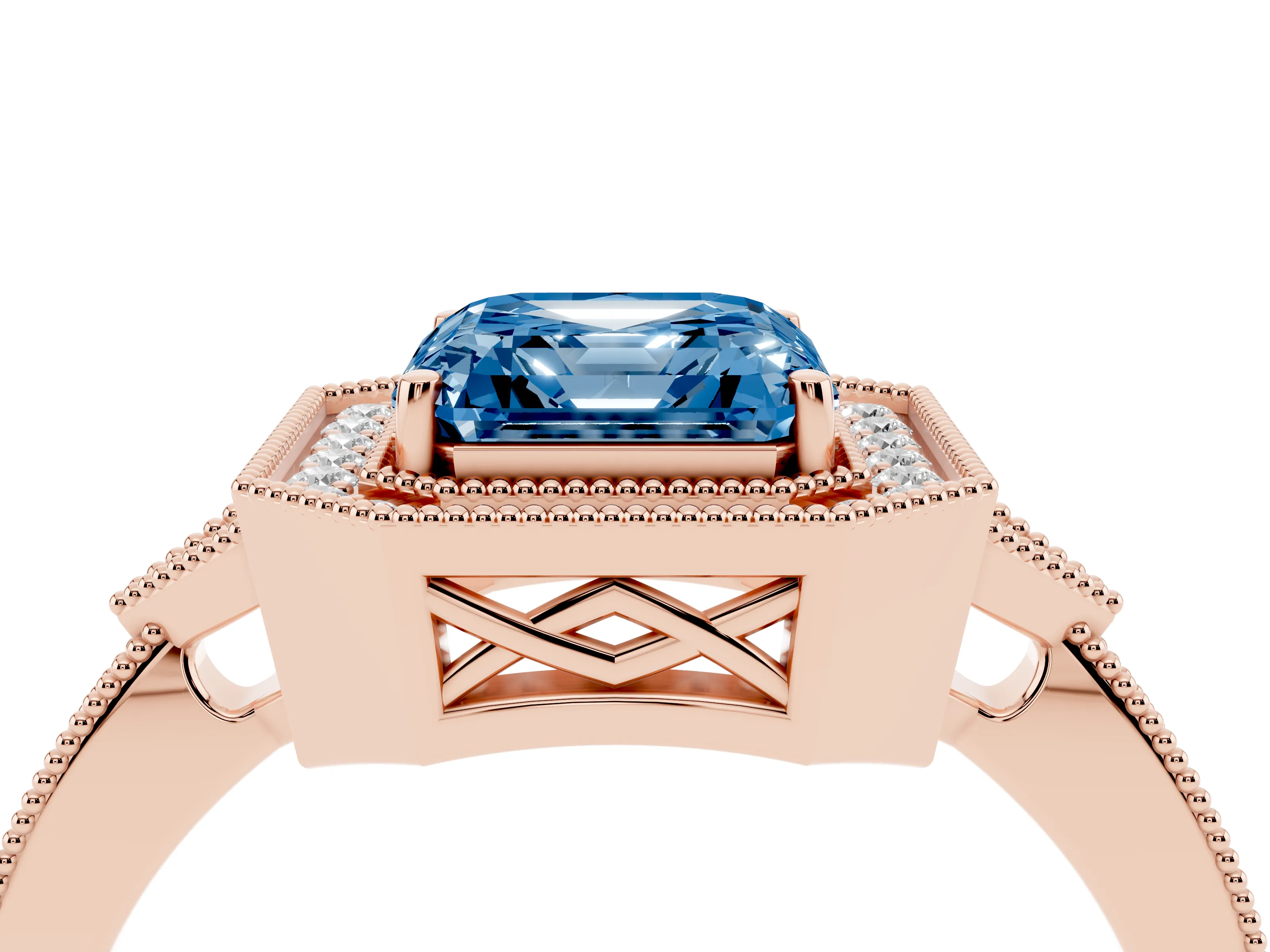 Fancy Blue Asscher Cut Diamond Halo Engagement Ring Set in Rose gold with Milgrain Pavé Band