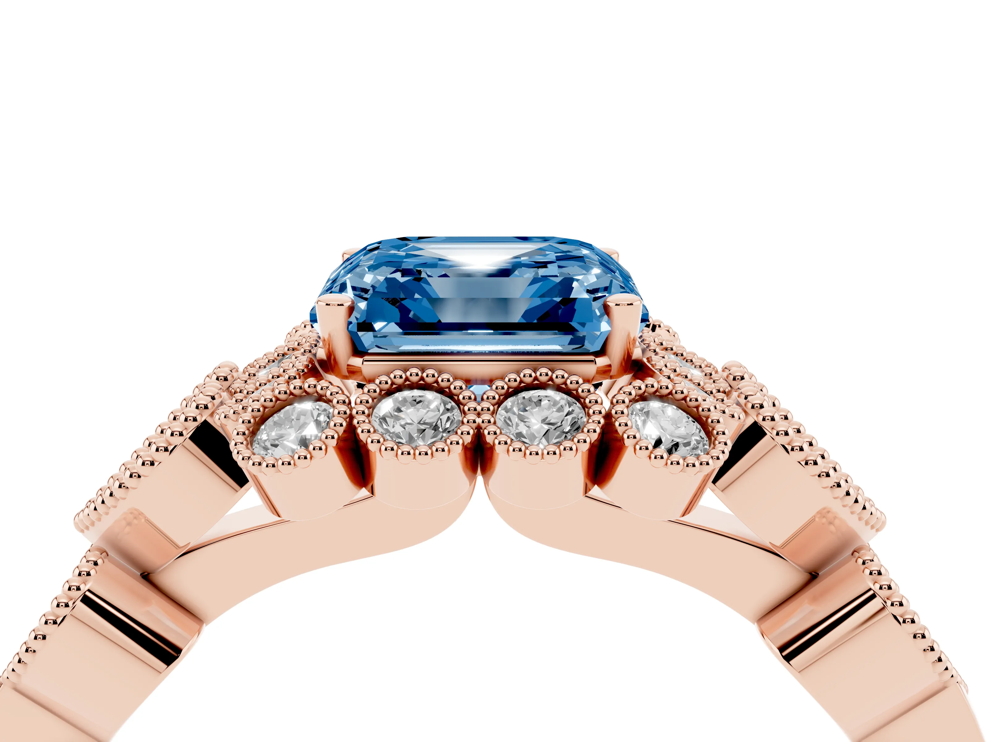 Fancy Blue Asscher Cut Diamond Solitaire Ring Set in Rose gold with Milgrain Pavé Heart Band