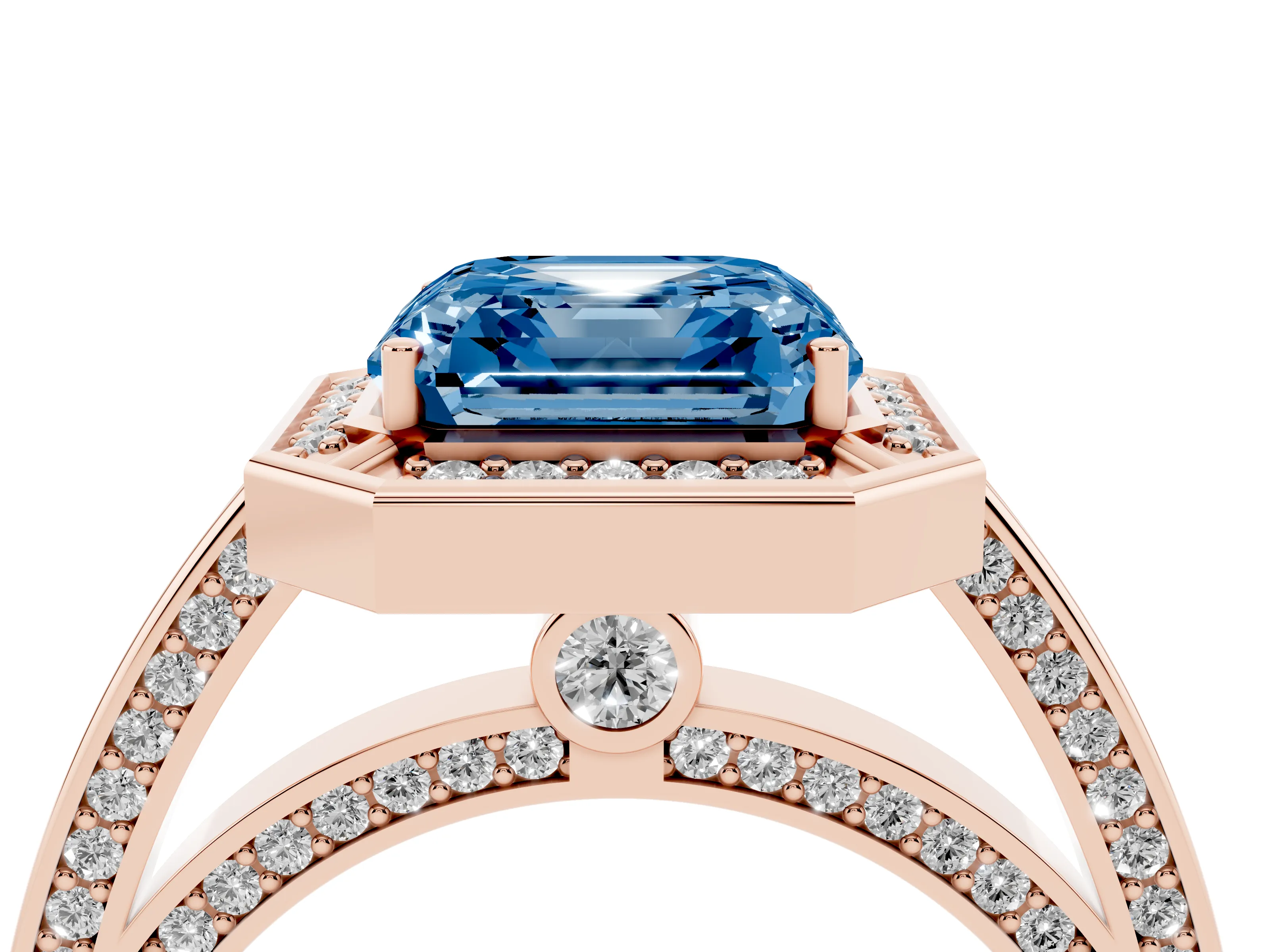 Fancy Blue Asscher Cut Diamond Halo Pavé Split Shank Ring Set in Rose gold with Prong Setting