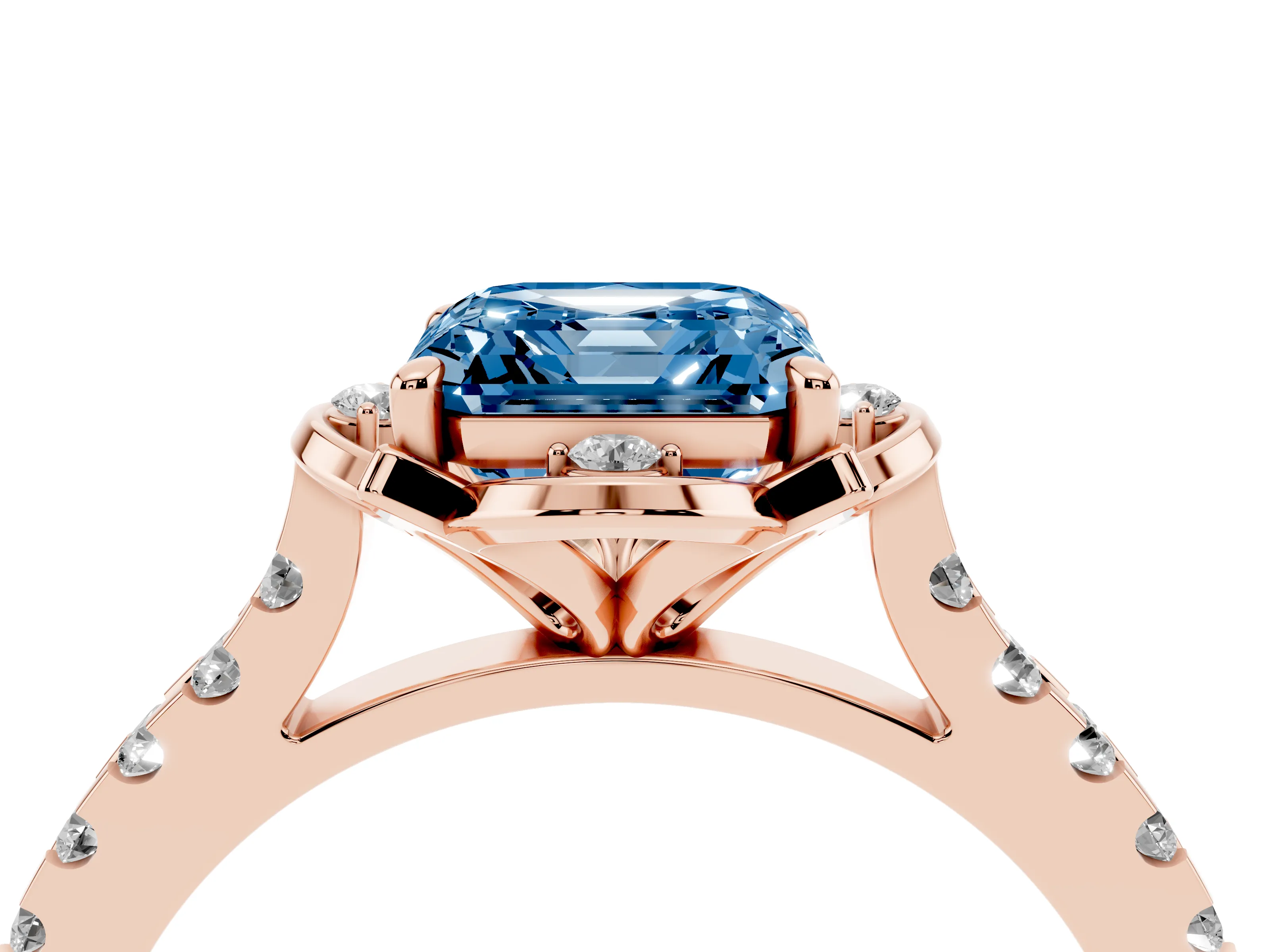 Fancy Blue Asscher Cut Diamond Solitaire Ring Set in Rose gold with Pavé Band and Floral Prong Setting