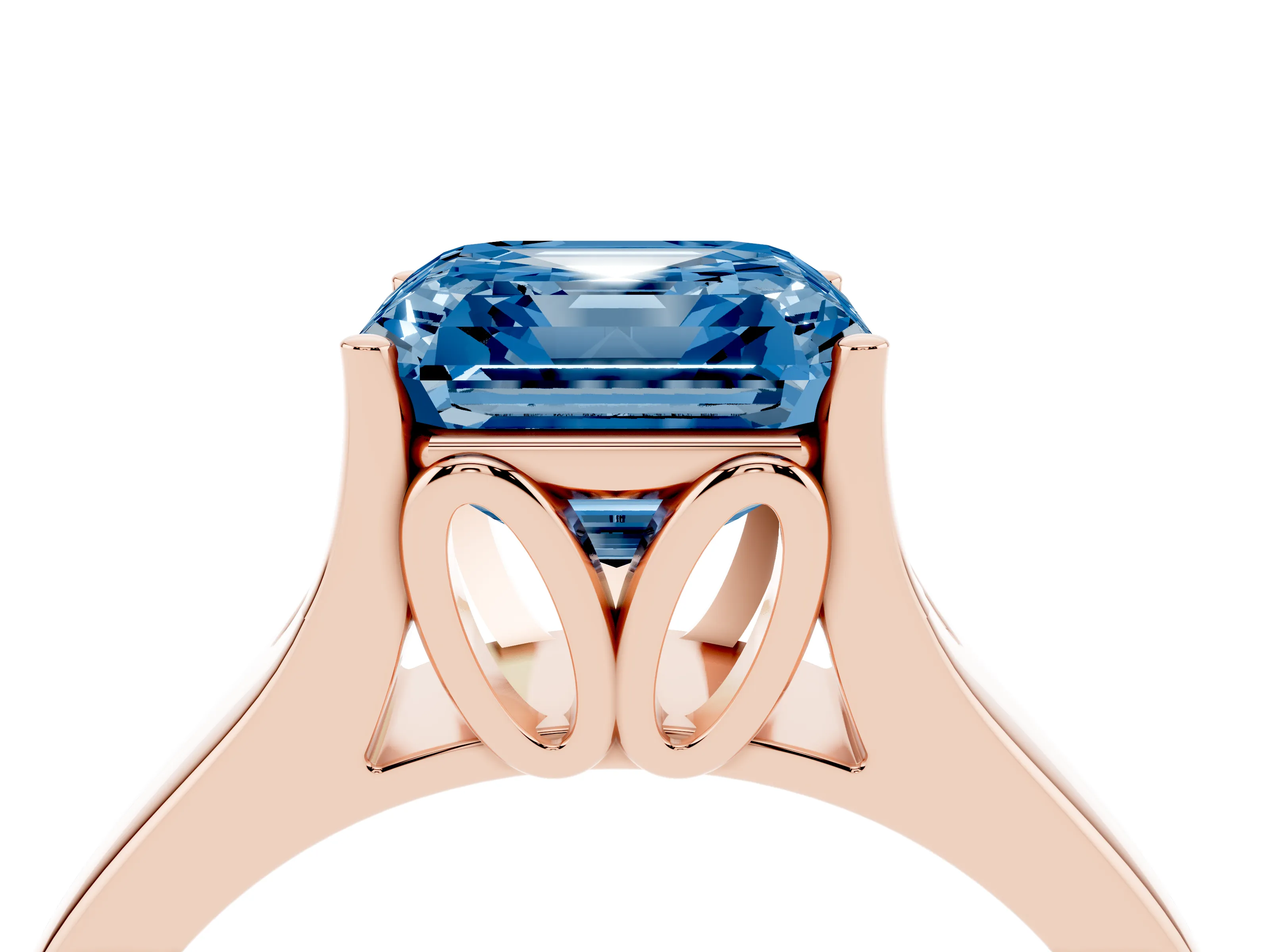 Fancy Blue Asscher Cut Diamond Solitaire Ring Set in Rose gold with Arched Cathedral Band and Prong Setting