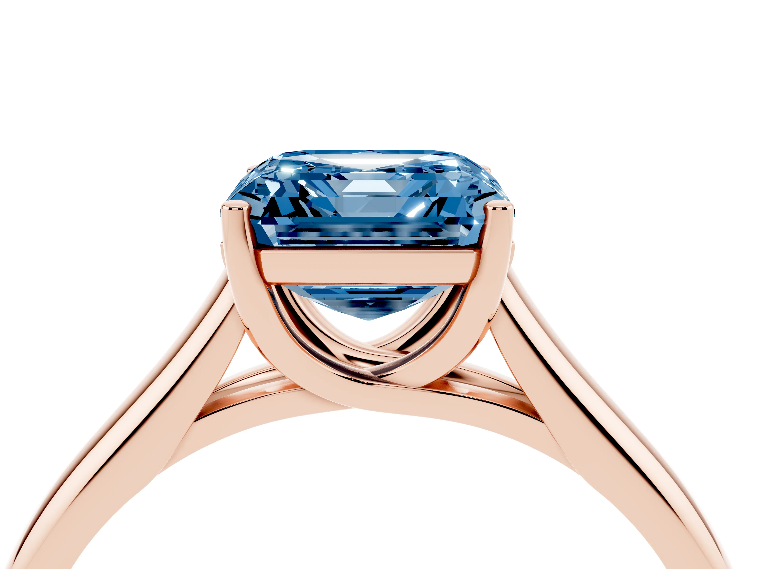 Fancy Blue Asscher Cut Diamond Solitaire Engagement Ring Set in Rose gold with Subtly Tapered Band and Prong Setting