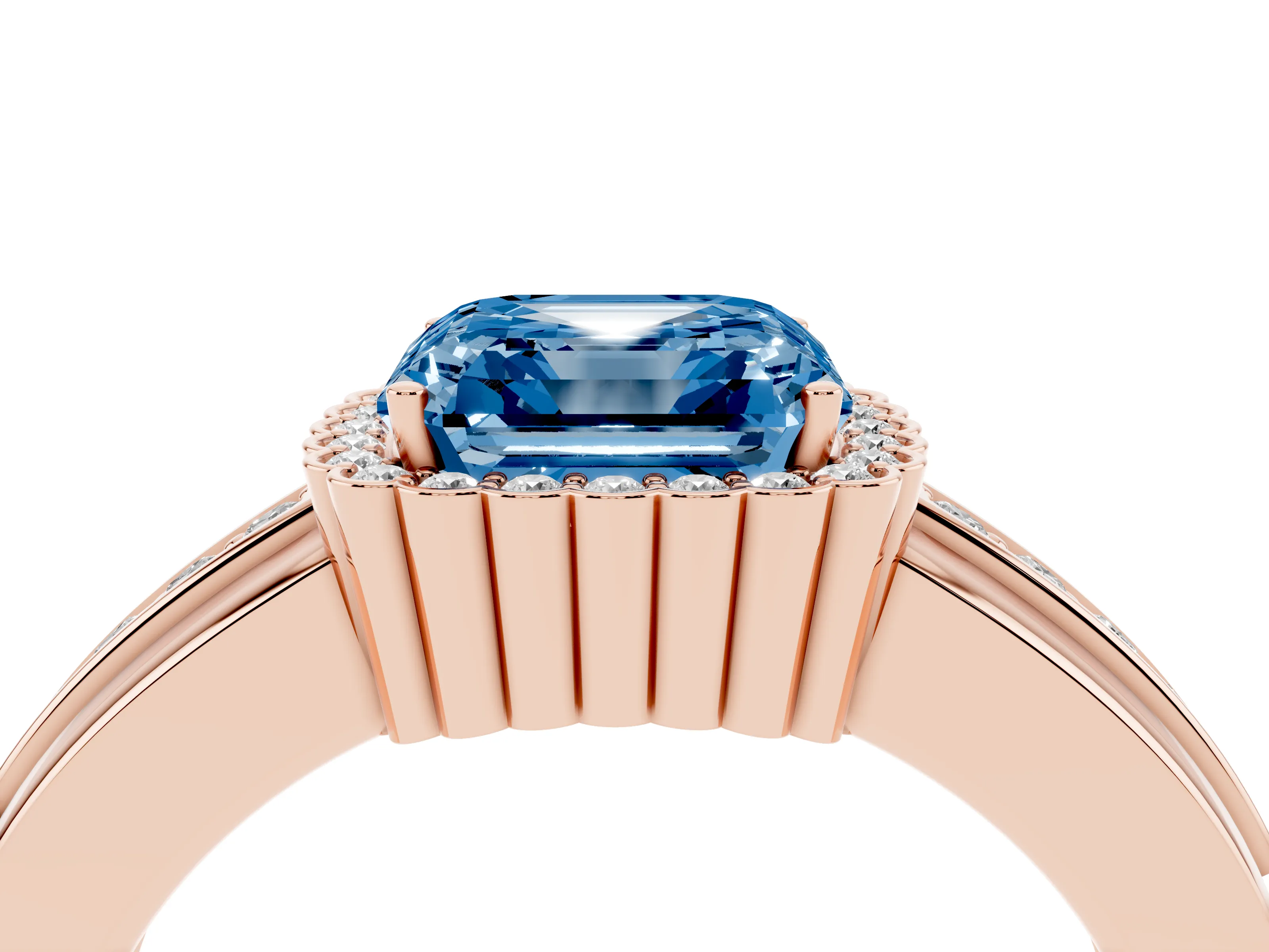 Fancy Blue Asscher Cut Diamond Halo Prong Ring Set in Rose gold with Pavé Band