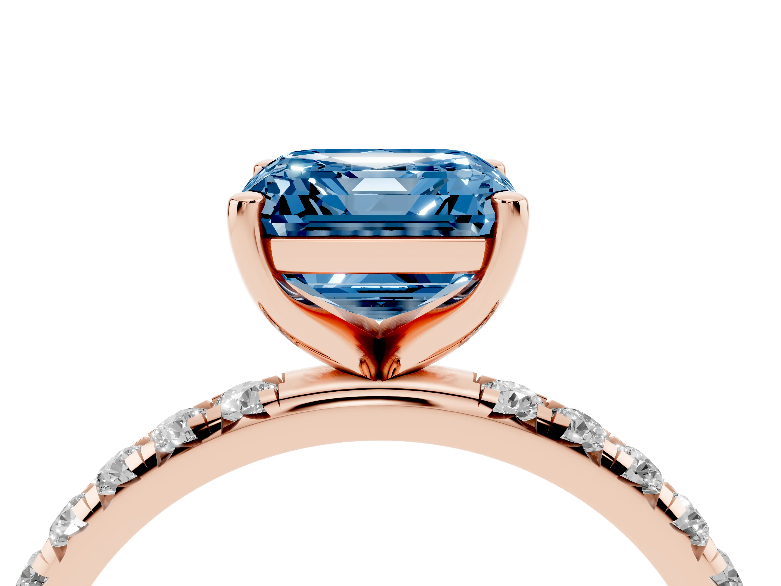 Fancy Blue Asscher Cut Diamond Solitaire Ring Set in Rose gold with Micro Pavé Band and Prong Setting