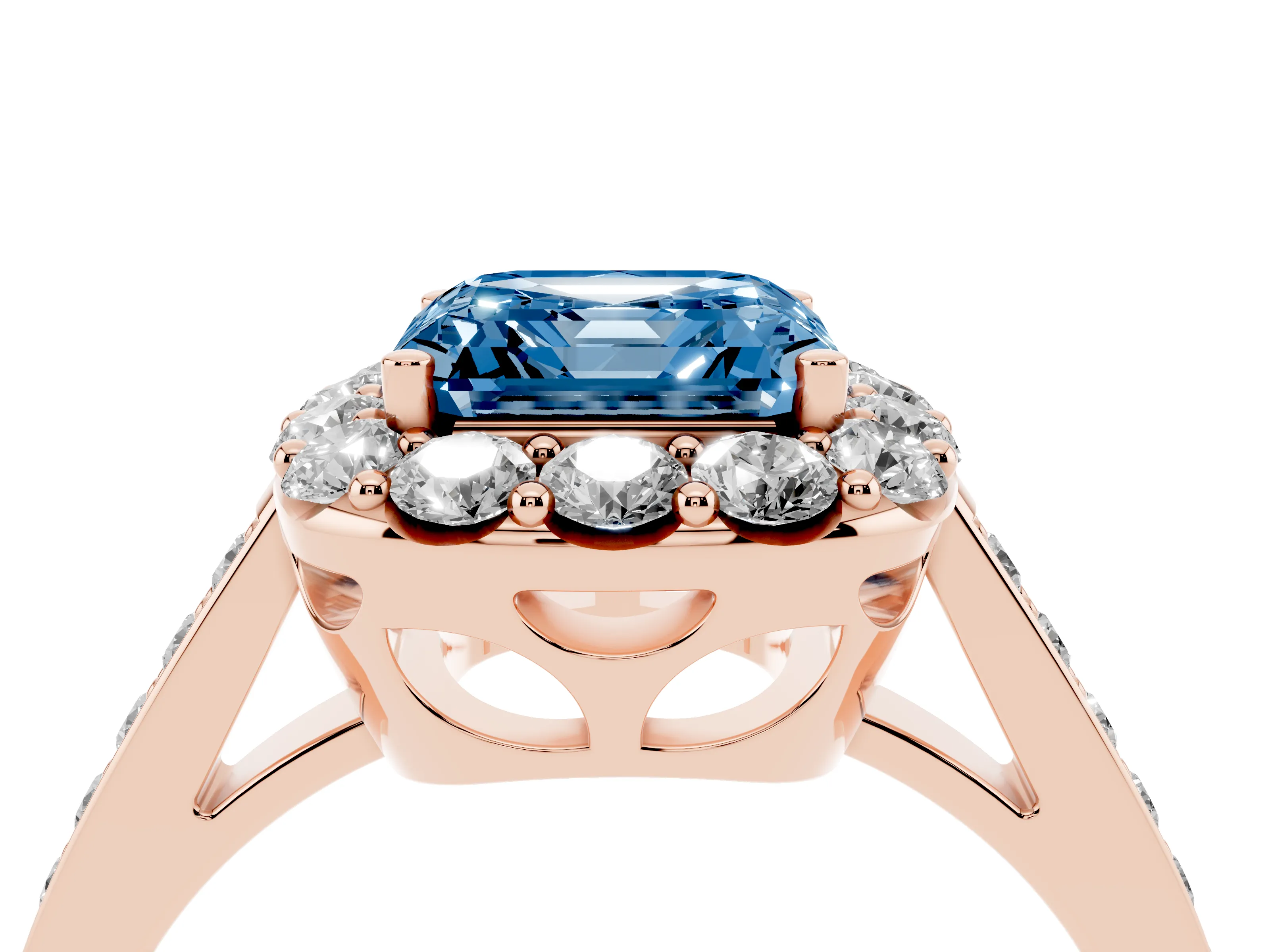 Fancy Blue Asscher Cut Diamond Floral Halo Ring Set in Rose gold with Pavé Band and Prong Setting