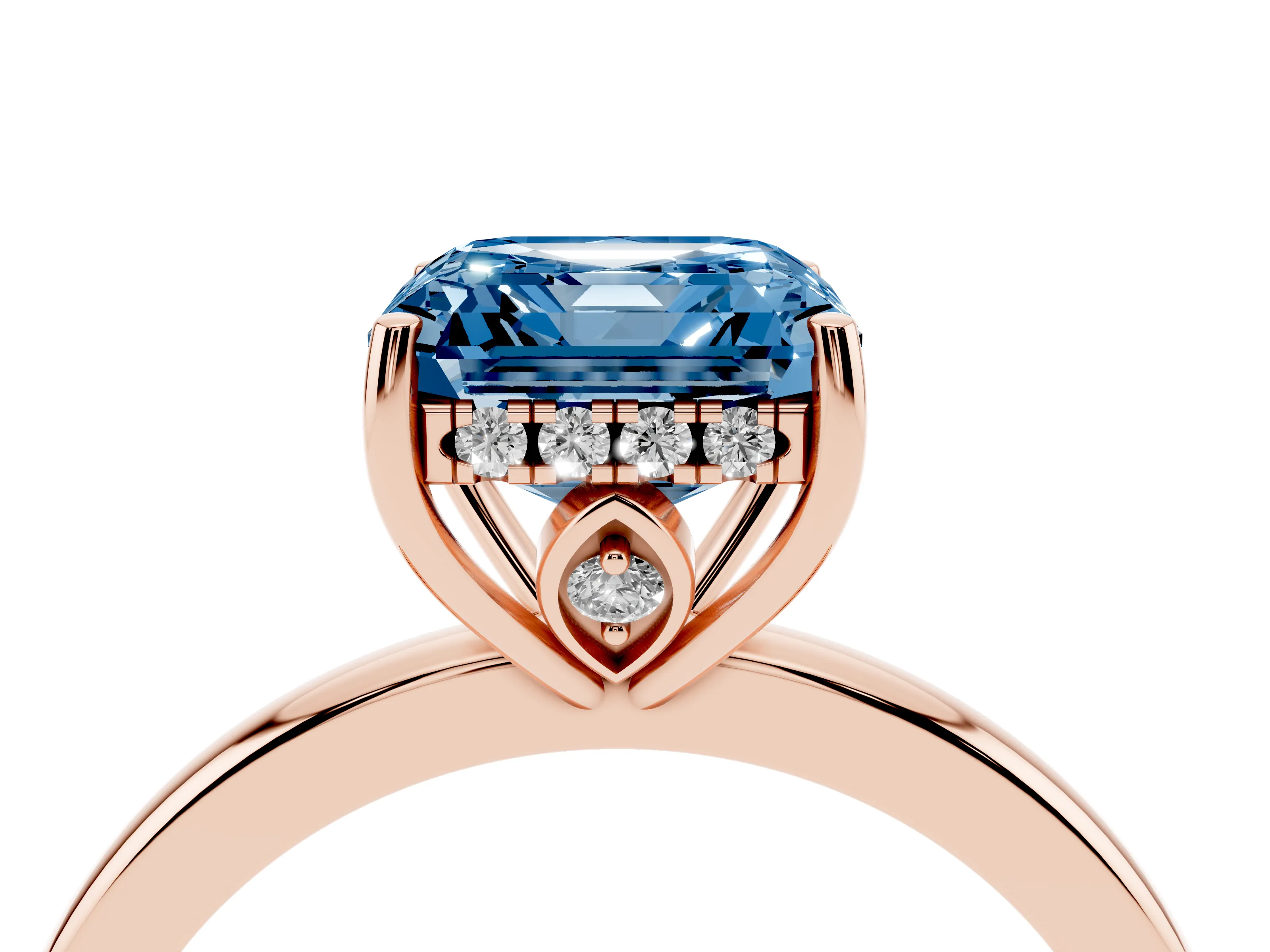 Fancy Blue Asscher Cut Diamond Solitaire Ring Set in Rose gold with Plain Band and Prong Setting