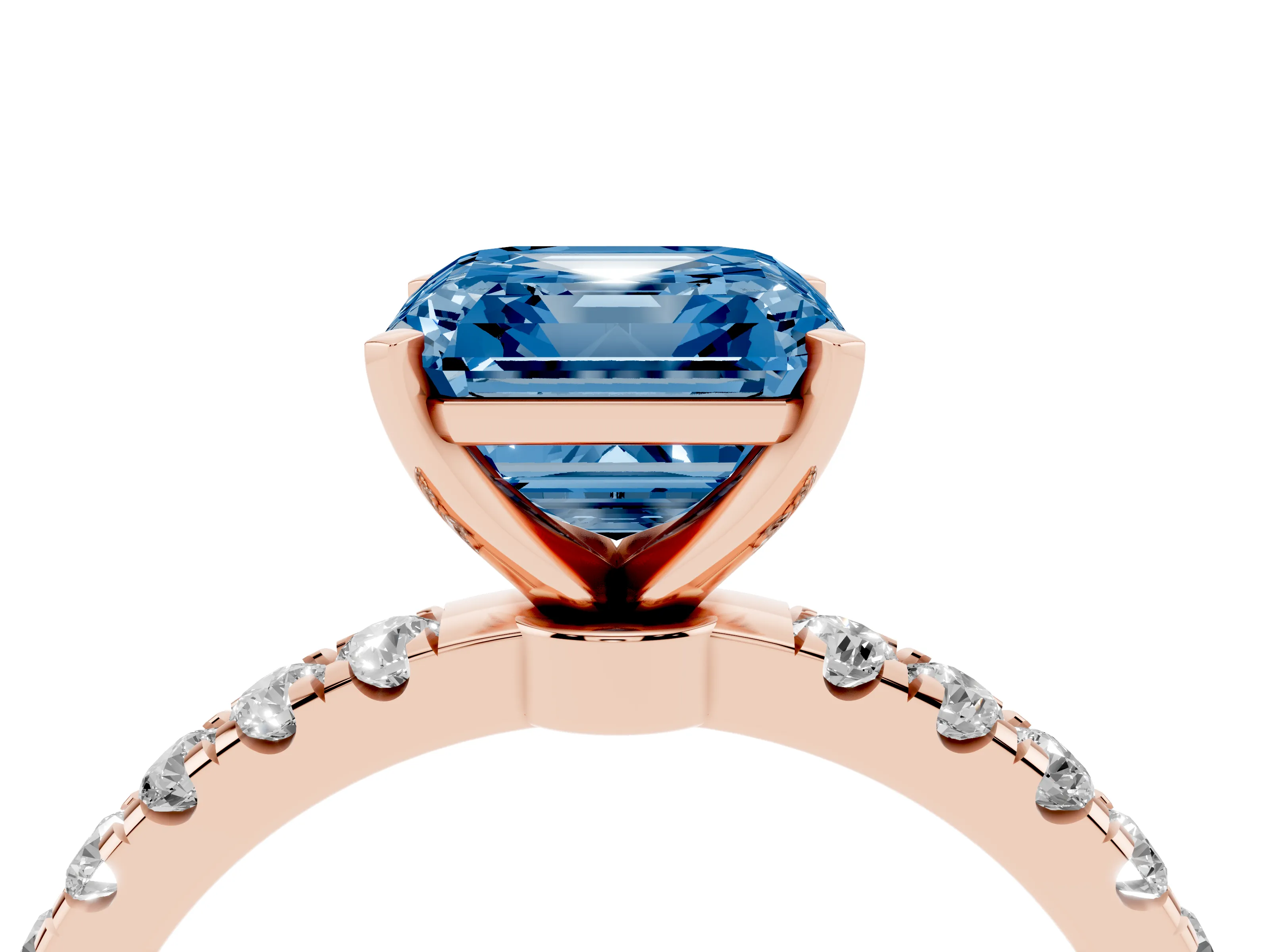 Fancy Blue Asscher Cut Diamond Solitaire Ring Set in Rose gold with Pavé Accents and Prong Setting