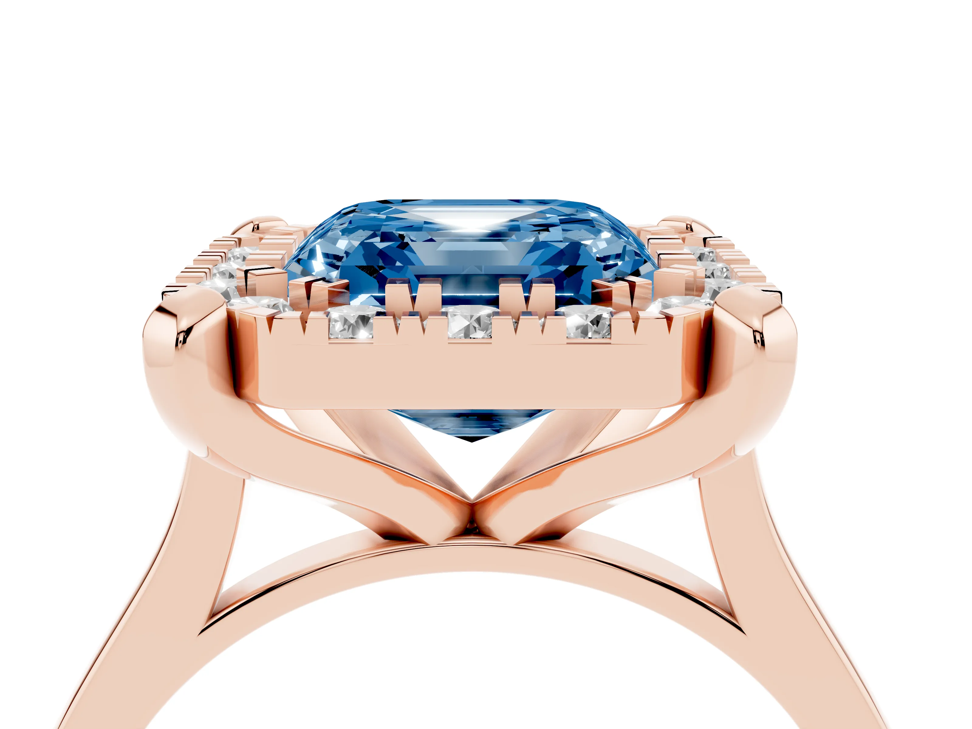Fancy Blue Asscher Cut Diamond Cluster Halo Solitaire Ring Set in Rose gold with Prong Setting