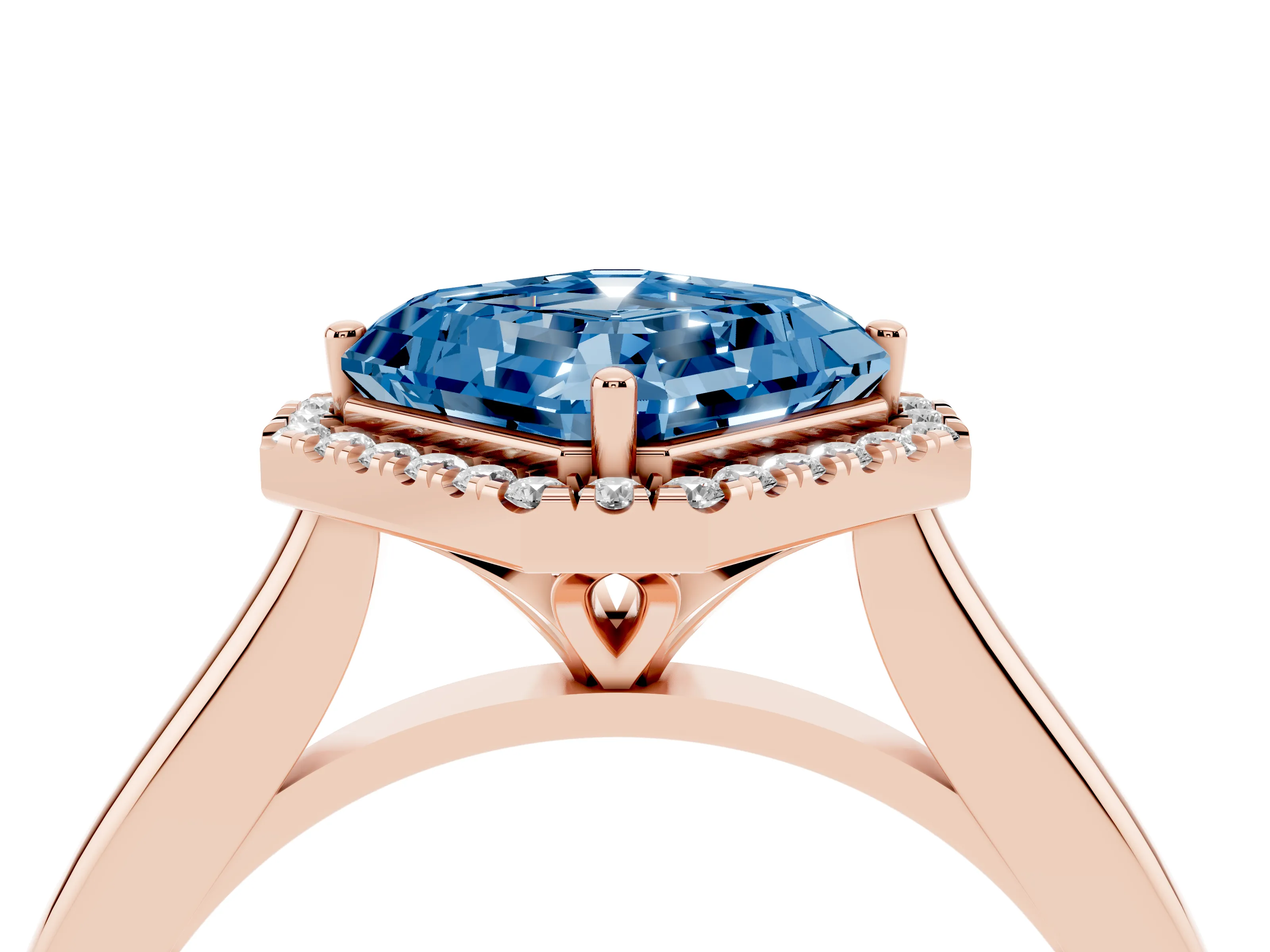 Fancy Blue Asscher Cut Diamond Halo Engagement Ring Set in Rose gold with Pavé Band and Rising Shoulders