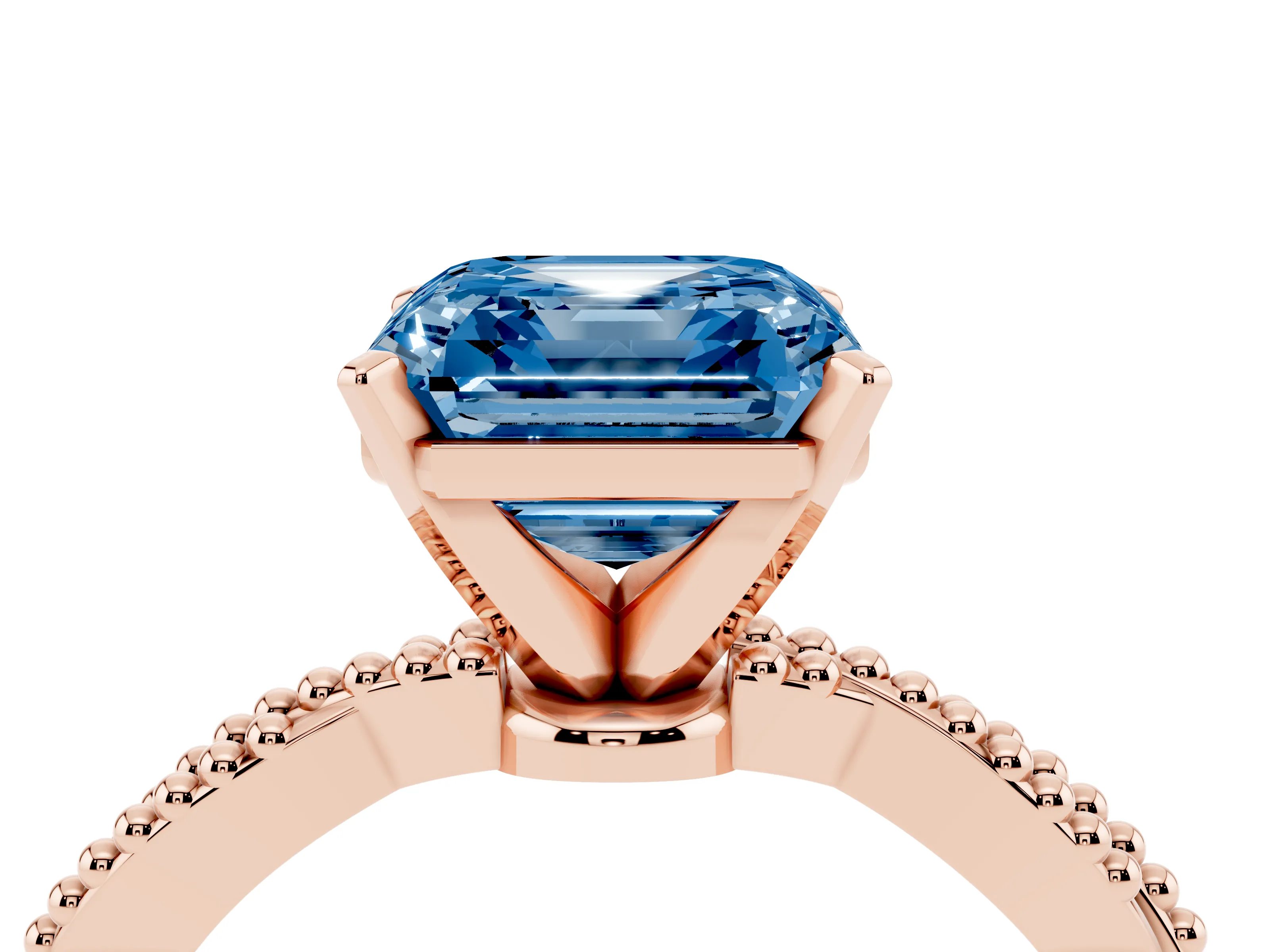 Fancy Blue Asscher Cut Diamond Solitaire Ring Set in Rose gold with Twisted Band and Bead Prong Setting