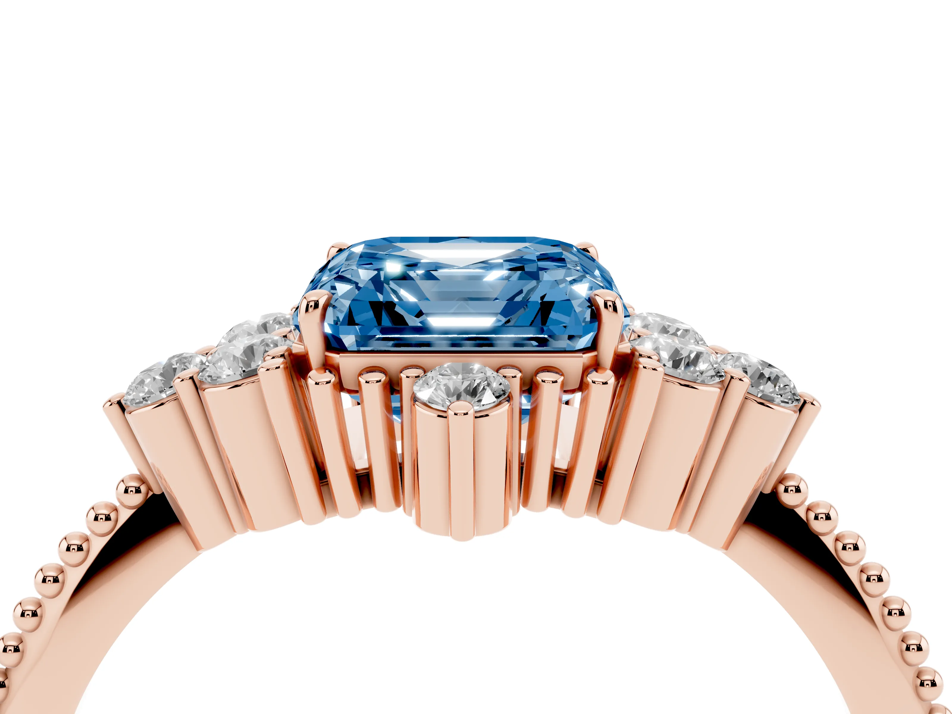 Fancy Blue Asscher Cut Diamond Cluster Ring Set in Rose gold with Beaded Band