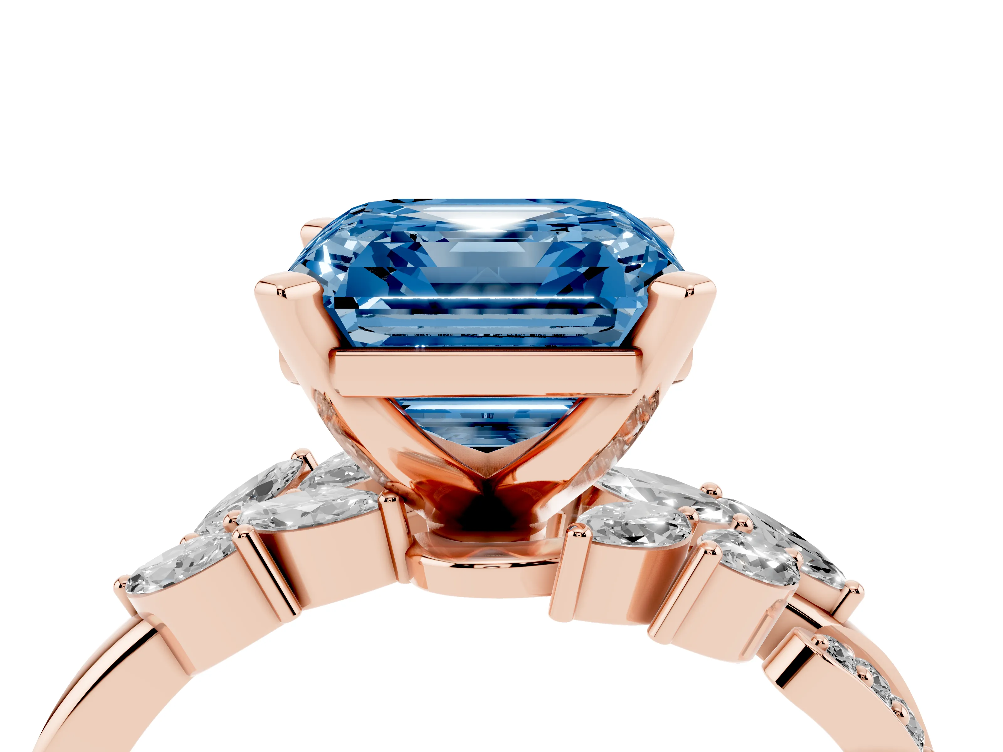 Fancy Blue Asscher Cut Diamond Solitaire Ring Set in Rose gold with Marquise Twist Band and Prong Setting