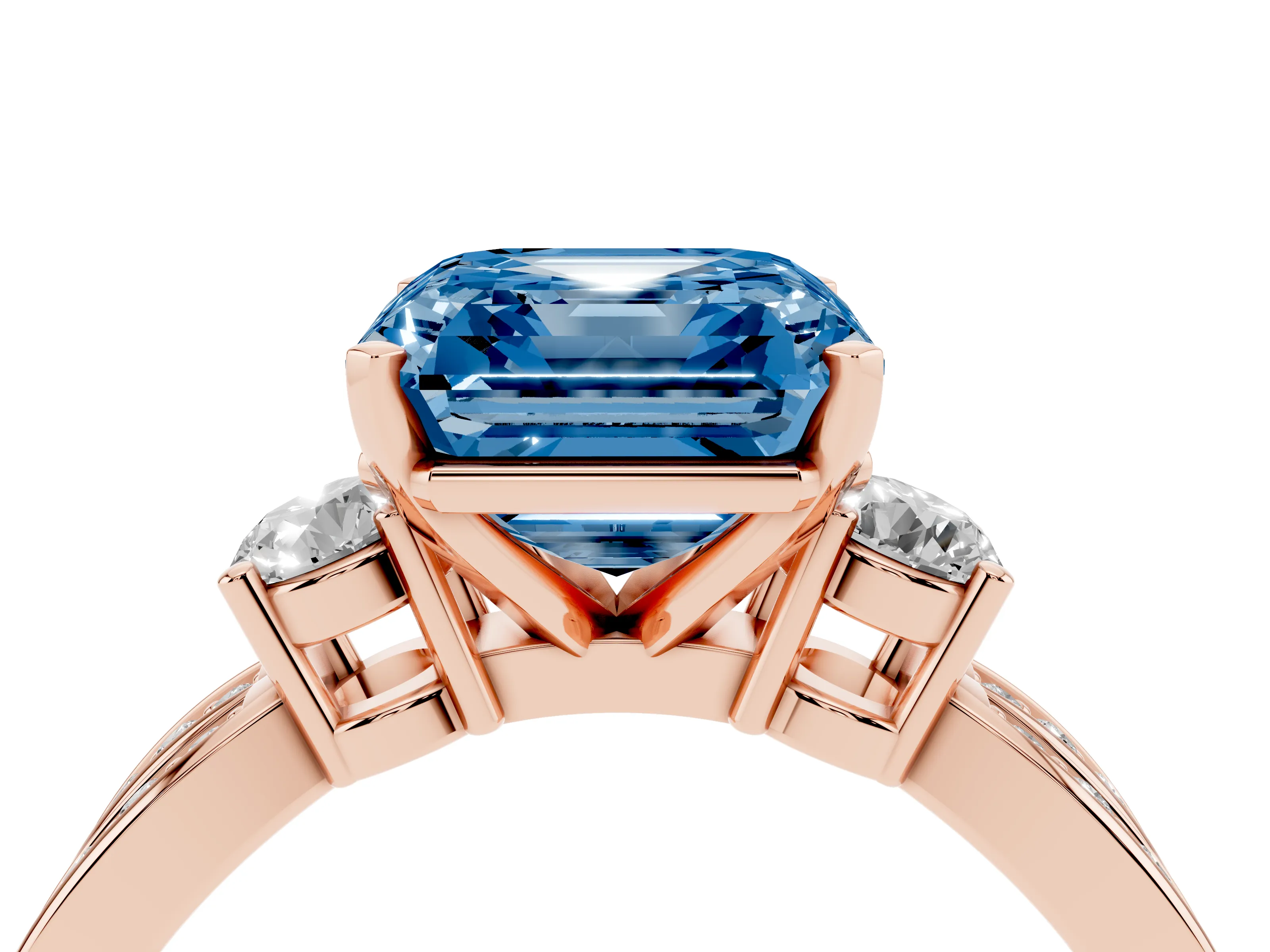 Fancy Blue Three-Stone Asscher Cut Diamond Twist Band Ring Set in Rose gold with Pavé Accents and Prong Setting