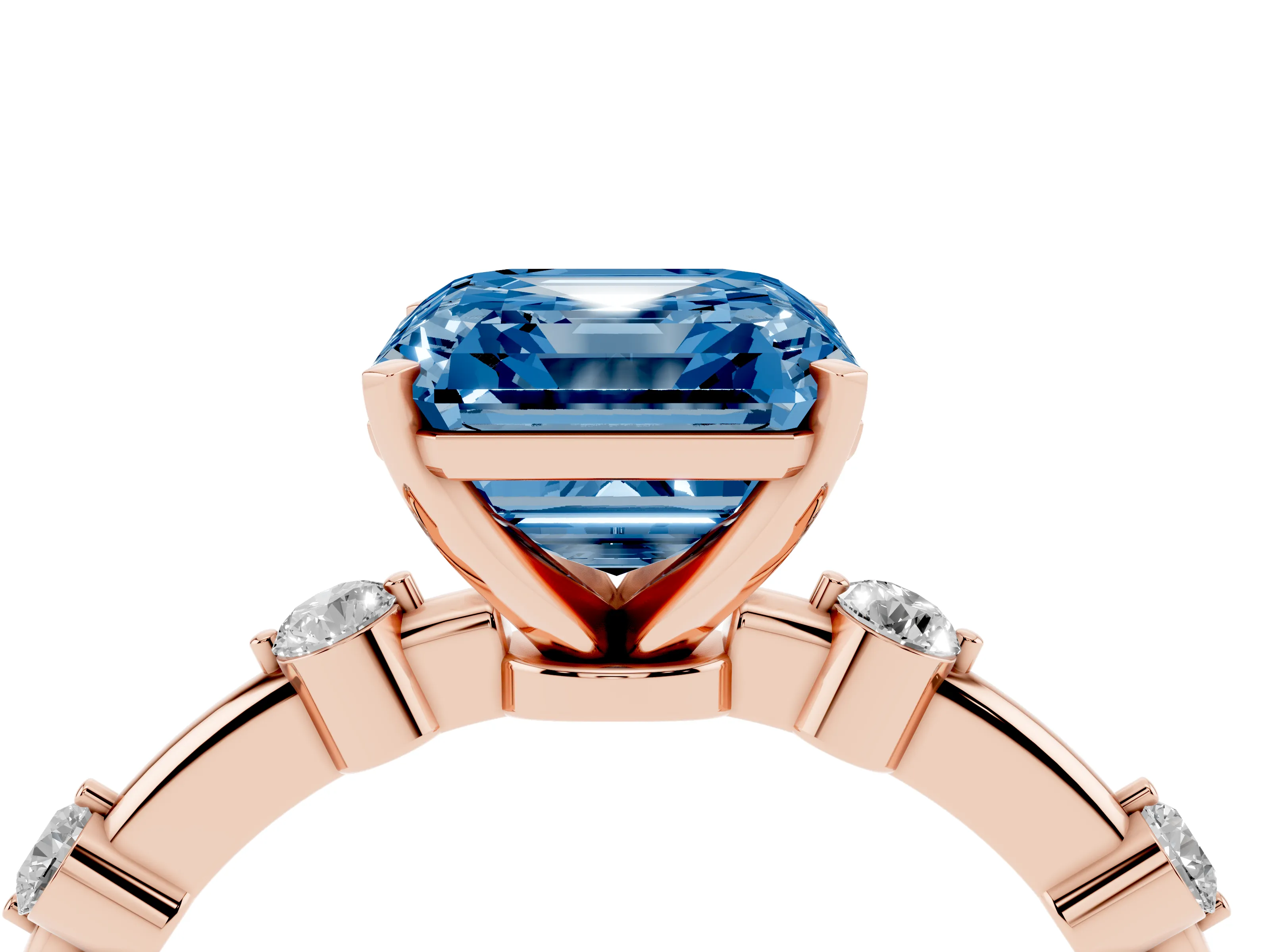 Fancy Blue Asscher Cut Diamond Solitaire Ring Set in Rose gold with Bezel Set Side Stones and Prong Setting