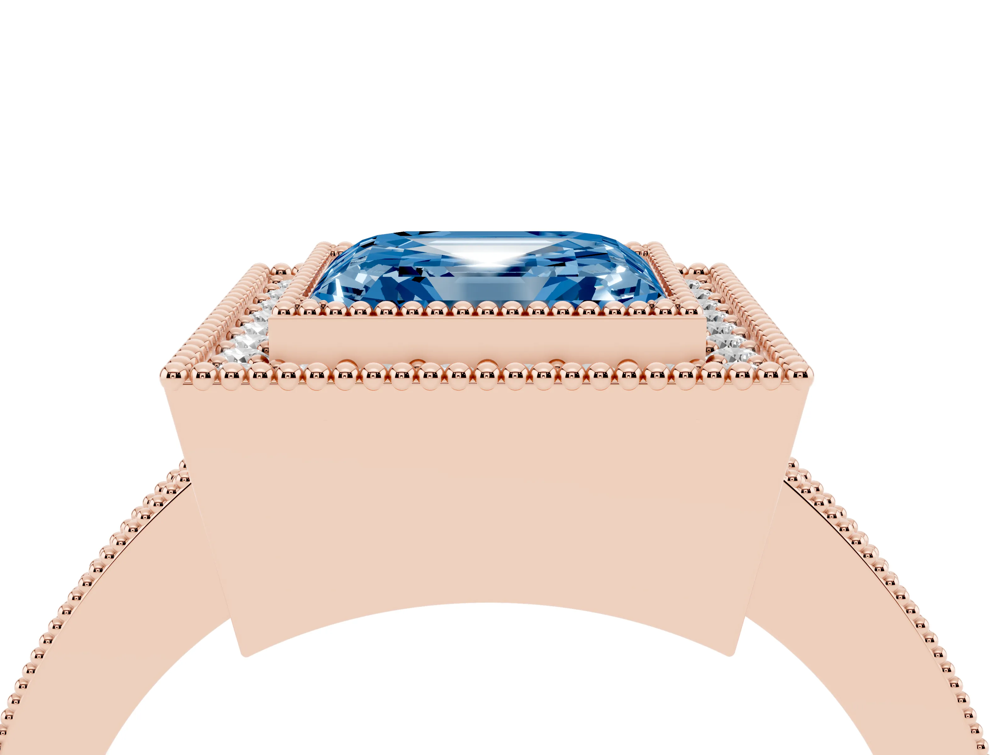 Fancy Blue Asscher Cut Diamond Halo Engagement Ring Set in Rose gold with Pavé Band and Round Halo Stones