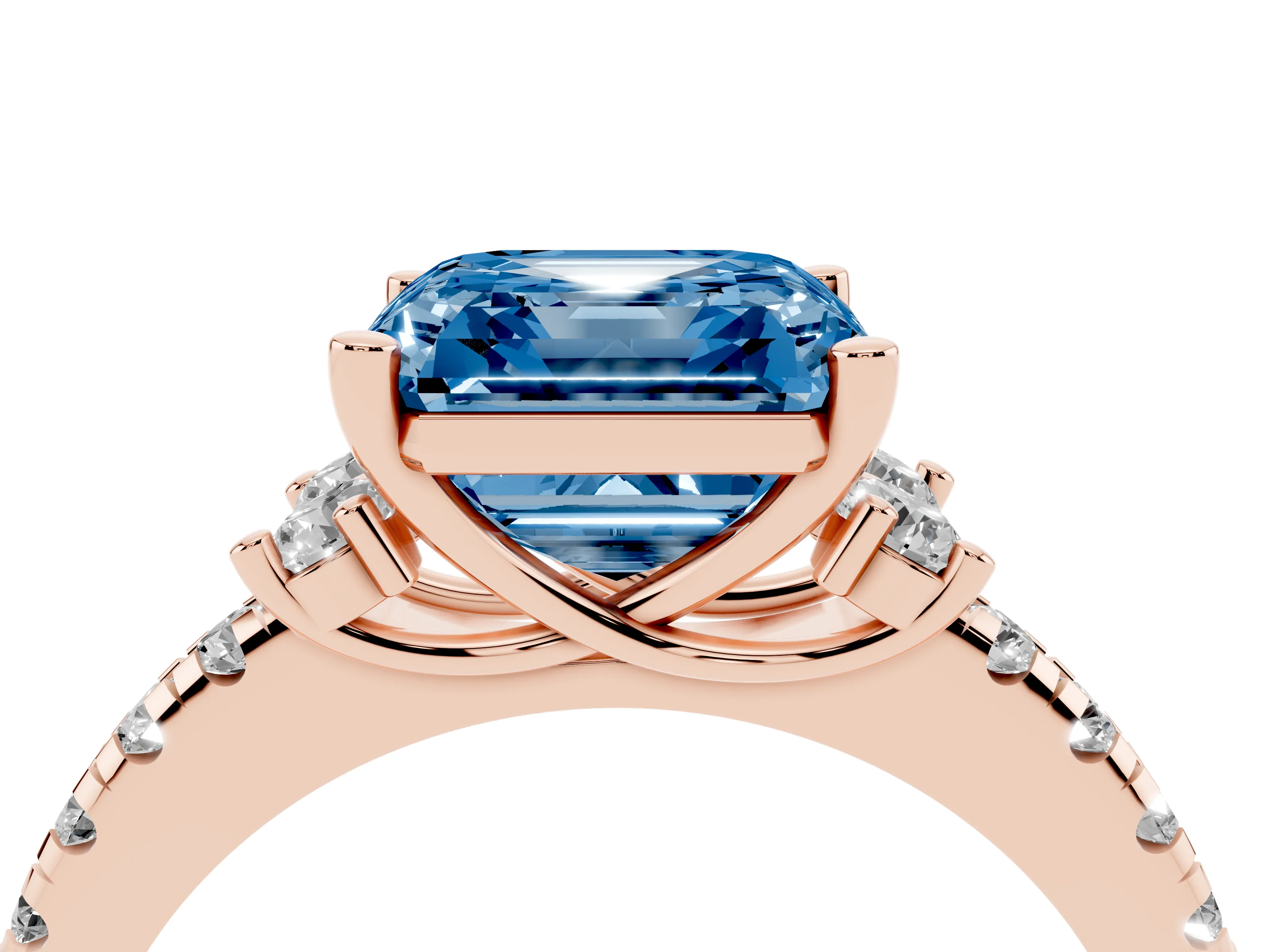 Fancy Blue Asscher Cut Diamond Three-Stone Pavé Ring Set in Rose gold with Prong Setting