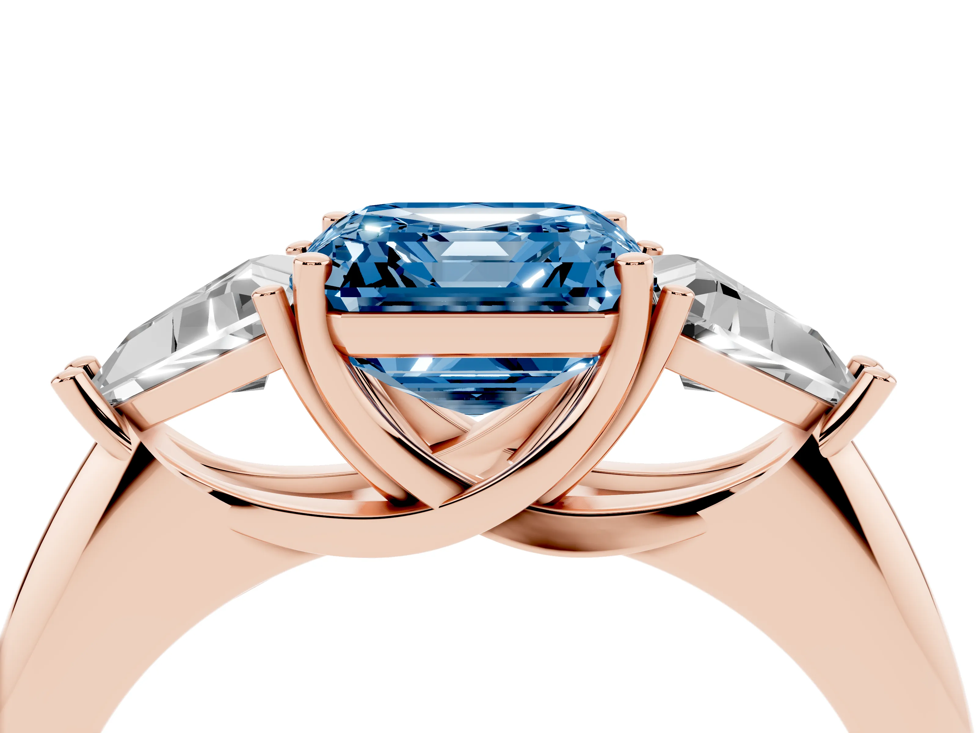 Fancy Blue Asscher Cut Diamond Three-Stone Engagement Ring Set in Rose gold with Trillion Side Stones