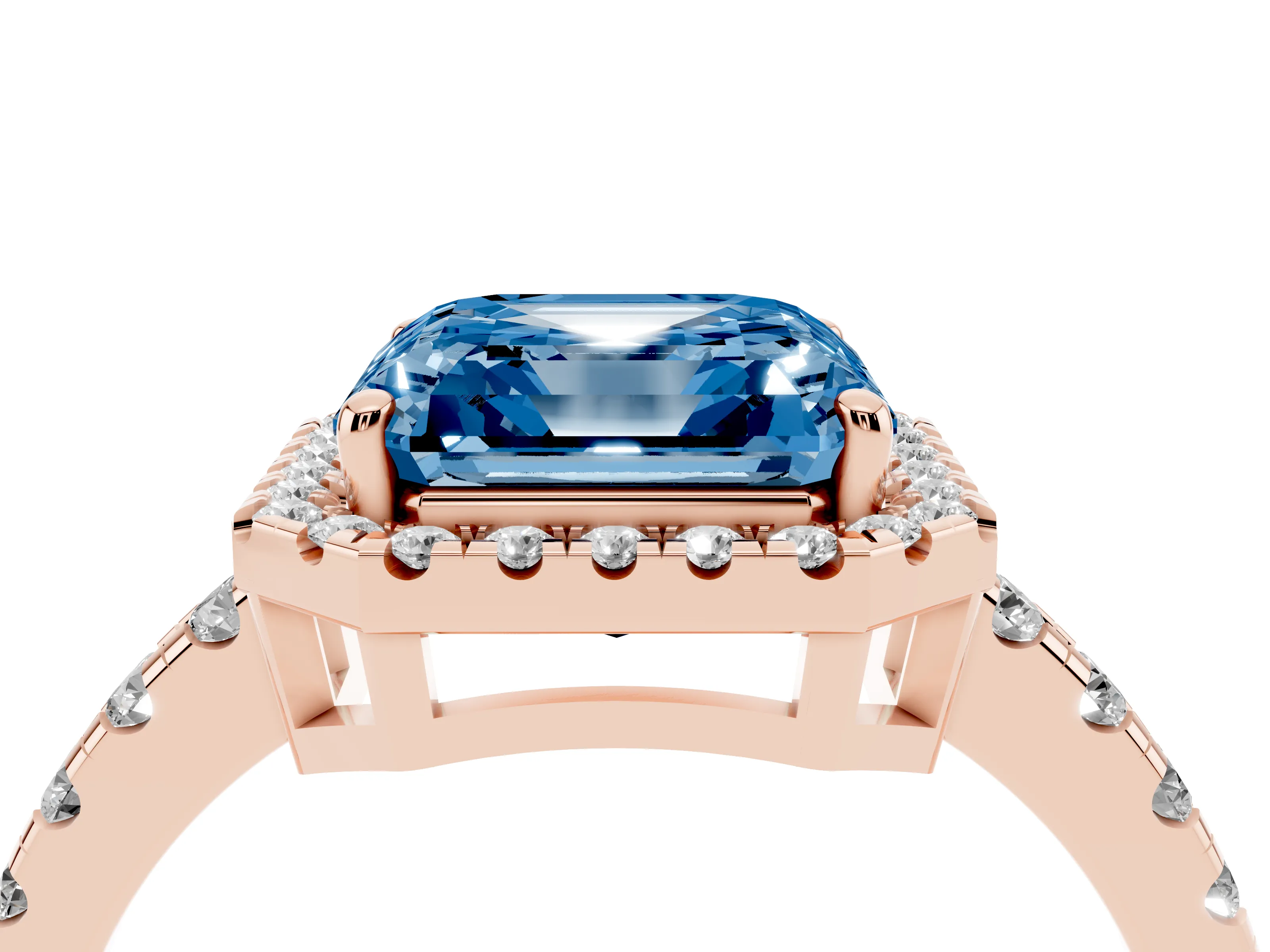 Fancy Blue Asscher Cut Diamond Halo Ring Set in Rose gold with Delicate Pavé Band and Prong Setting