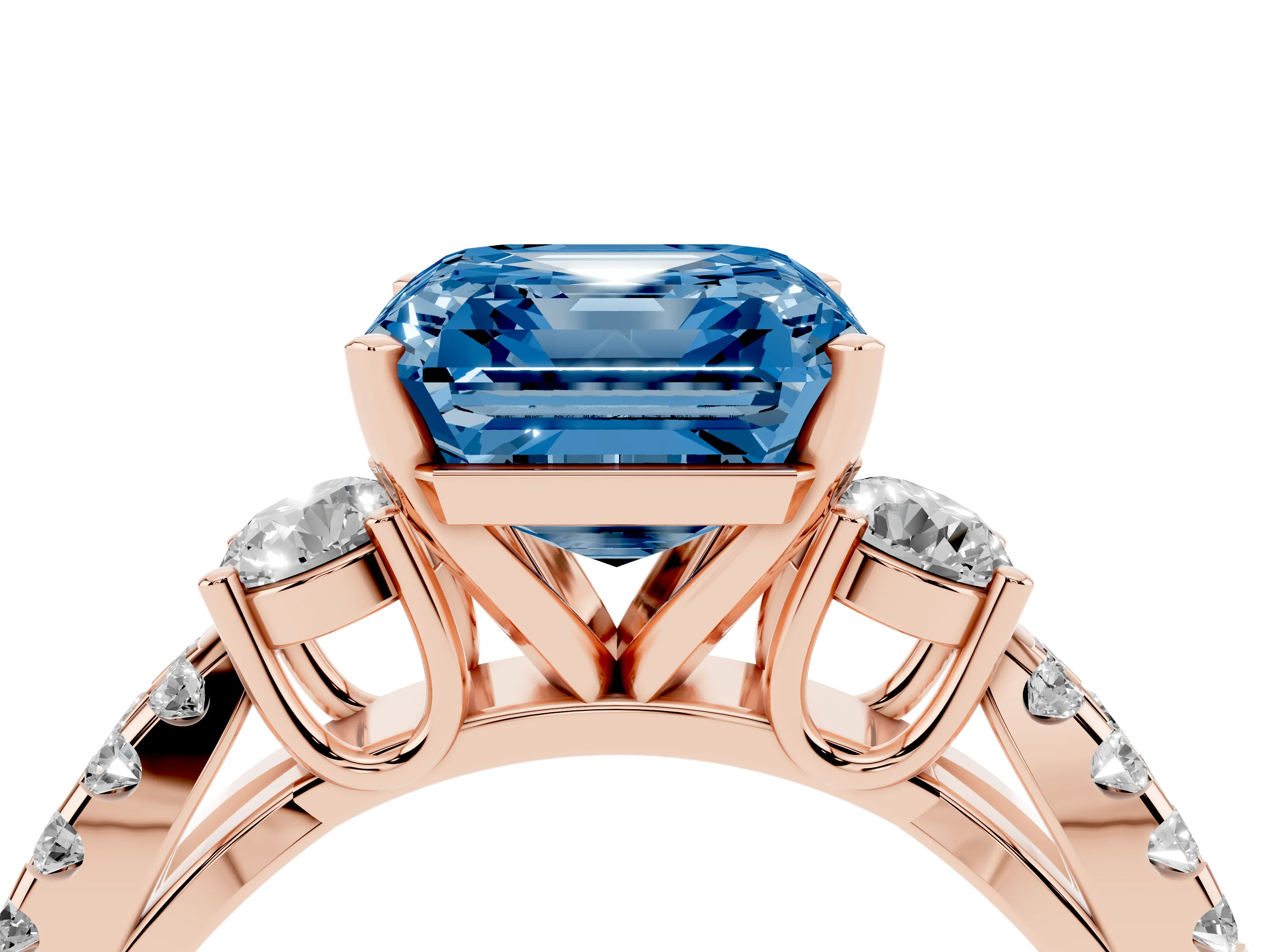 Fancy Blue Asscher Cut Diamond Three-Stone Ring Set in Rose gold with Pavé Split Shank and Prong Setting