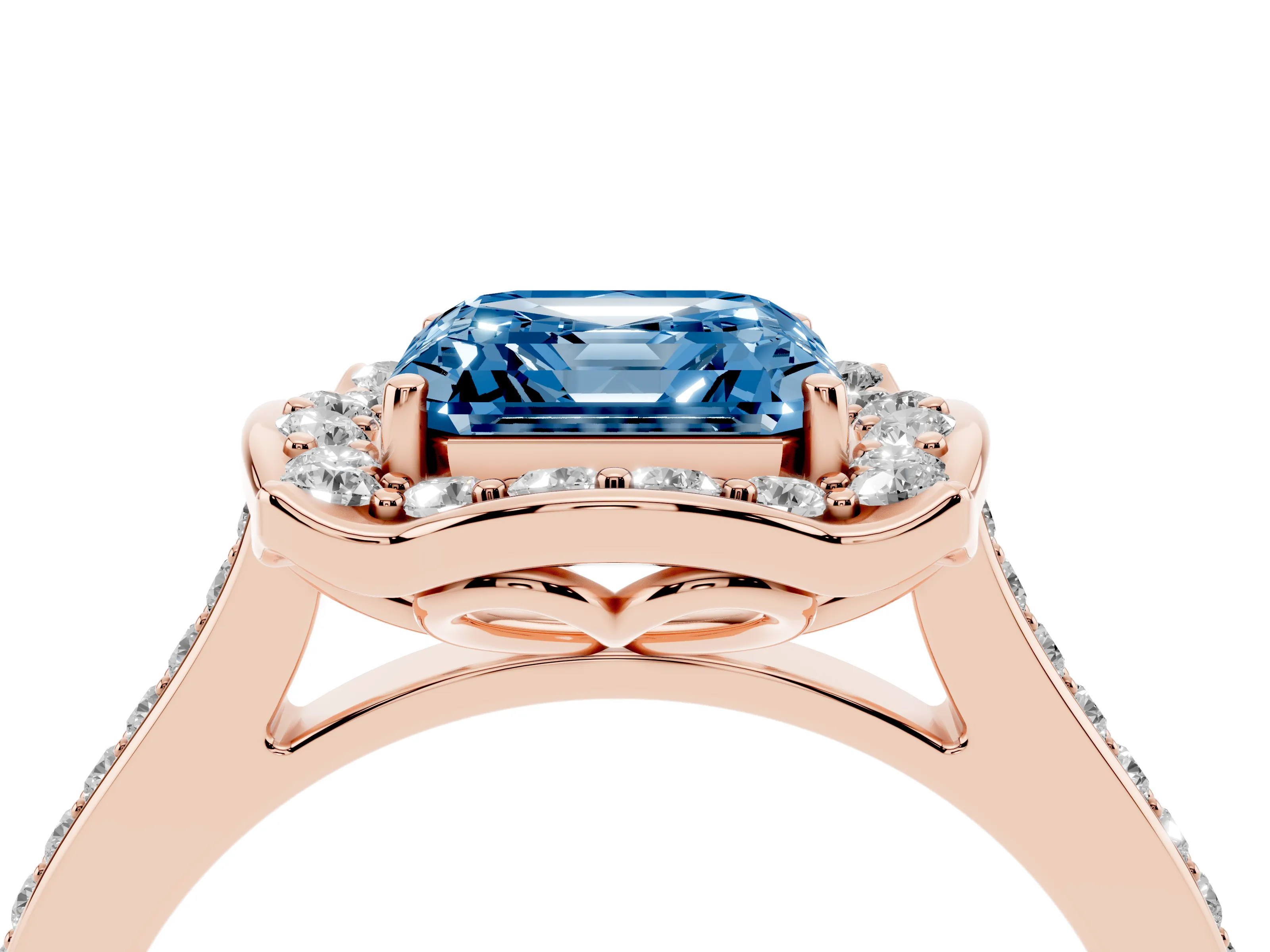 Fancy Blue Asscher Cut Diamond Halo Ring Set in Rose gold with Pavé-Lined Shoulders and Prong Setting