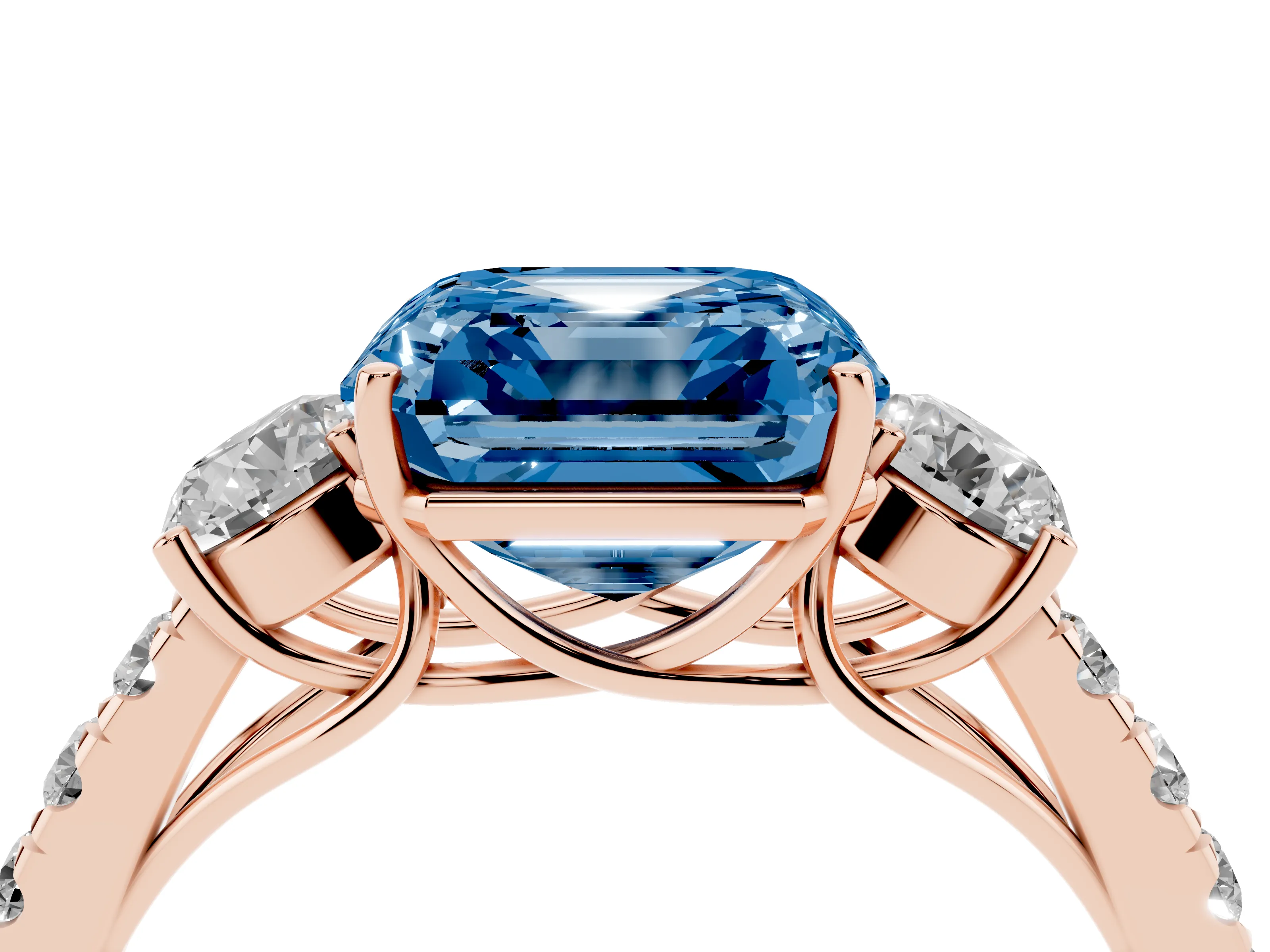 Fancy Blue Asscher Cut Diamond Three-Stone Ring Set in Rose gold with Round Side Stones and Delicate Pavé Band