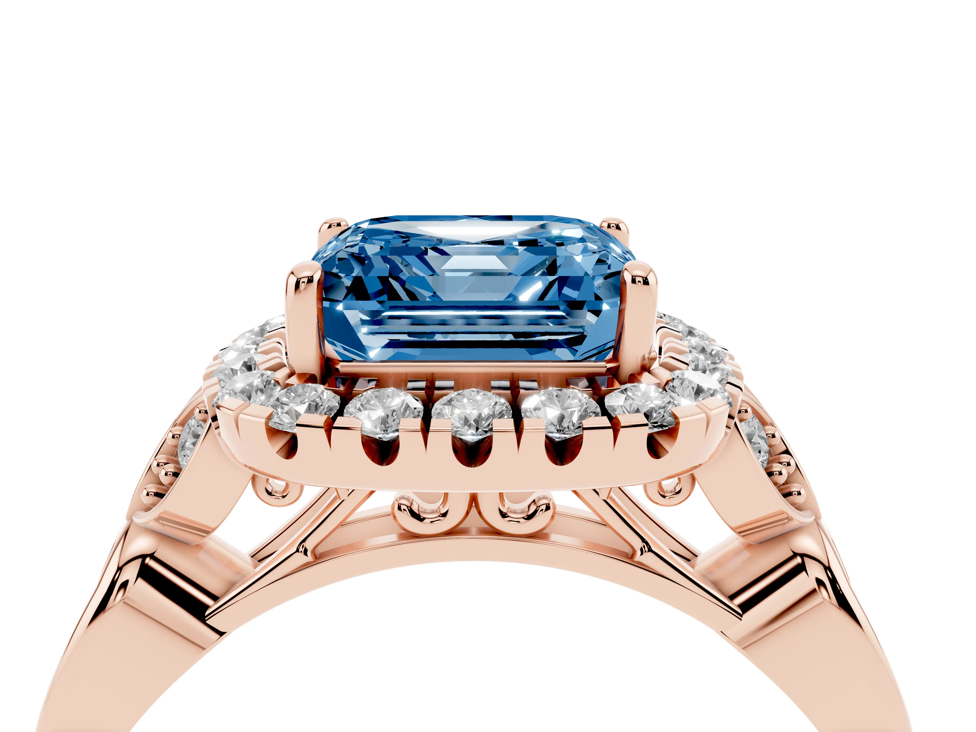Fancy Blue Asscher Cut Diamond Halo Engagement Ring Set in Rose gold with Vintage-Inspired Band and Prong Setting