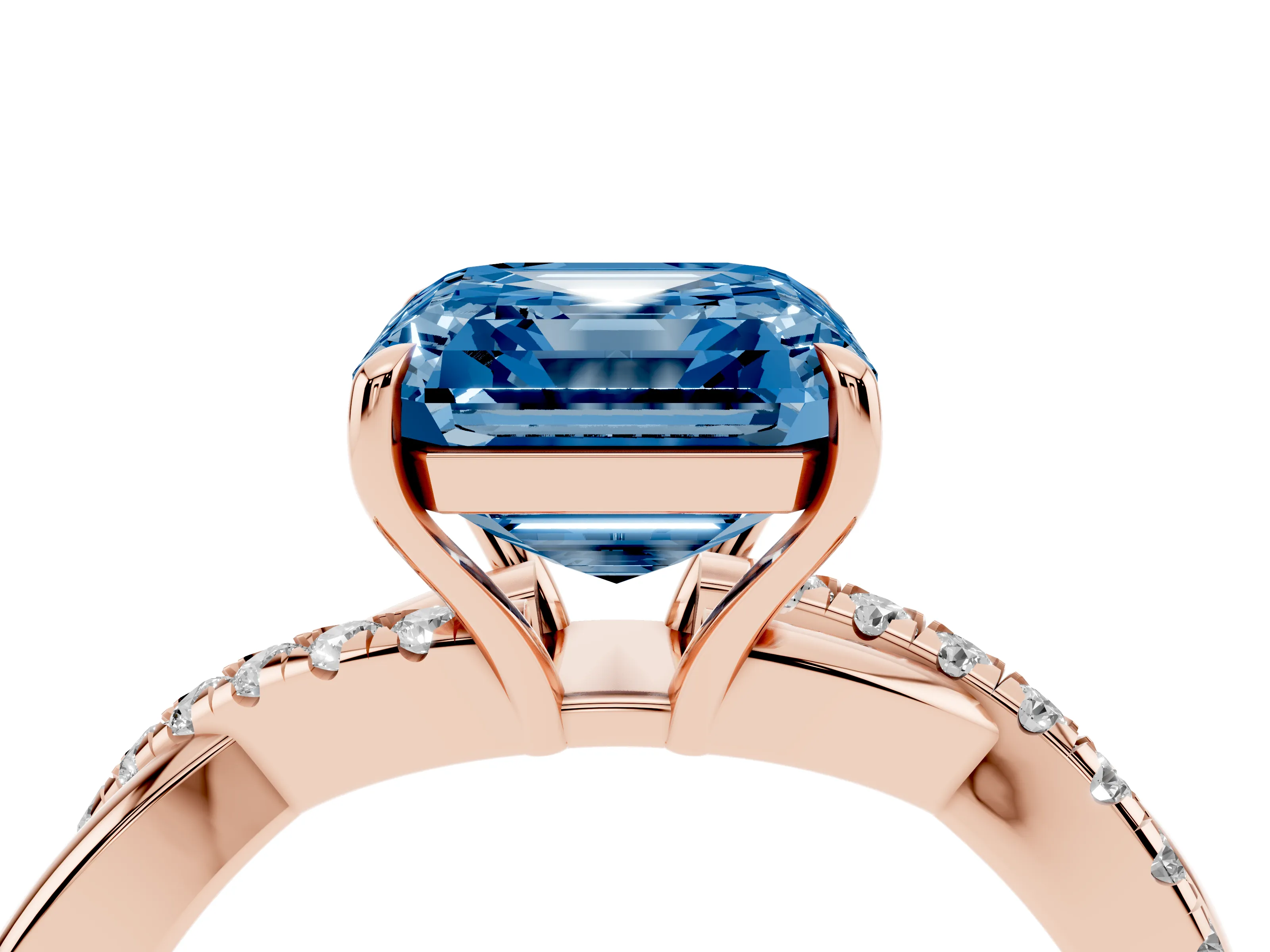 Fancy Blue Asscher Cut Diamond Twisted Pavé Band Ring Set in Rose gold with Prong Setting
