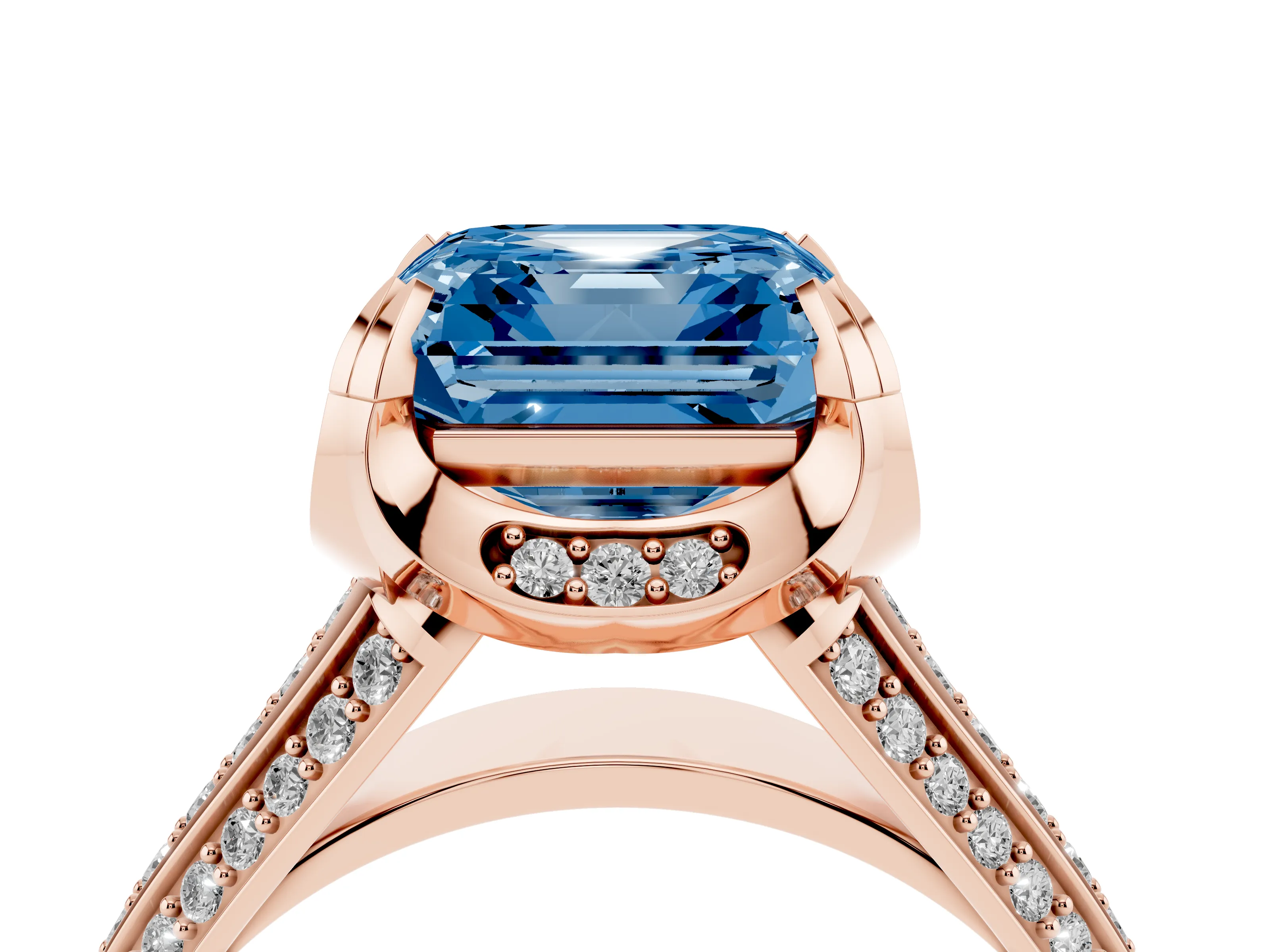 Fancy Blue Asscher Cut Diamond Pavé Split Shank Solitaire Ring Set in Rose gold with Prong Setting