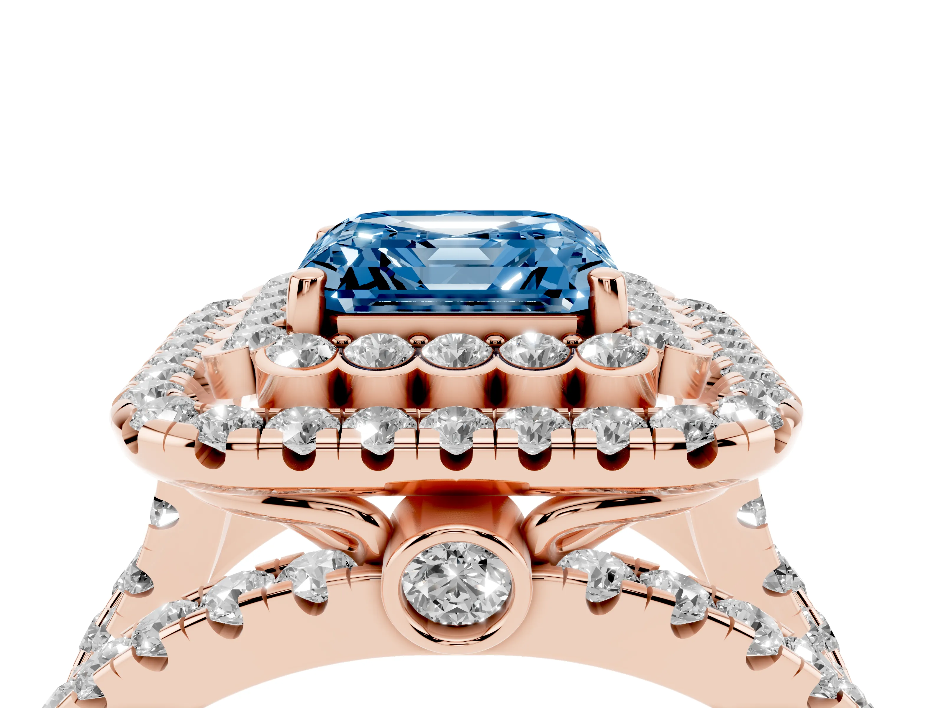 Fancy Blue Asscher Cut Diamond Double Halo Ring Set in Rose gold with Round Pavé Split Shank