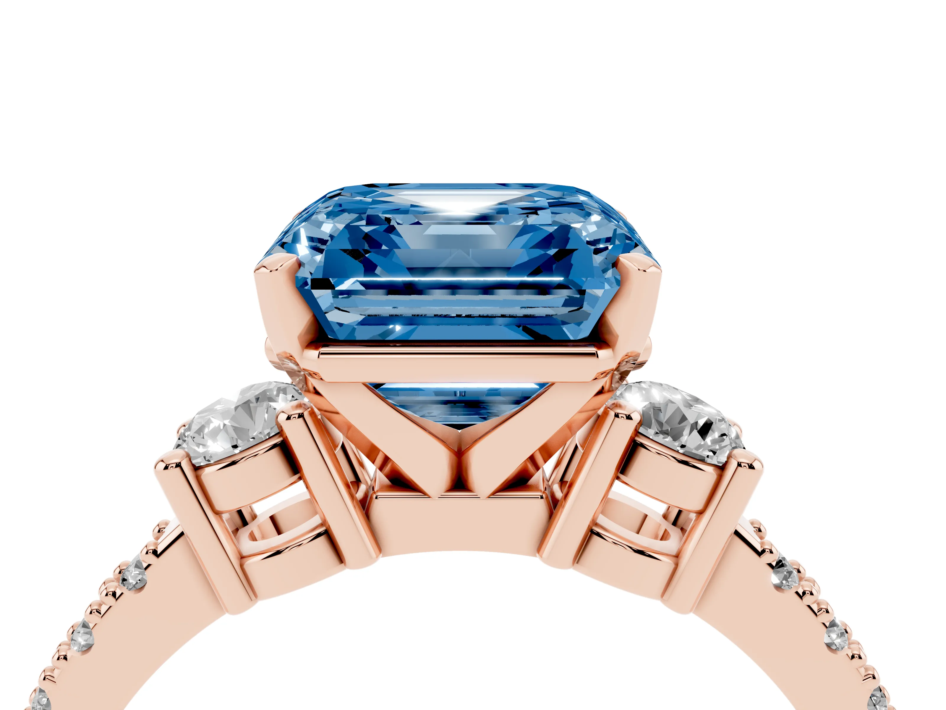 Fancy Blue Three-Stone Asscher Cut Diamond Pavé Band Ring Set in Rose gold with Prong Setting