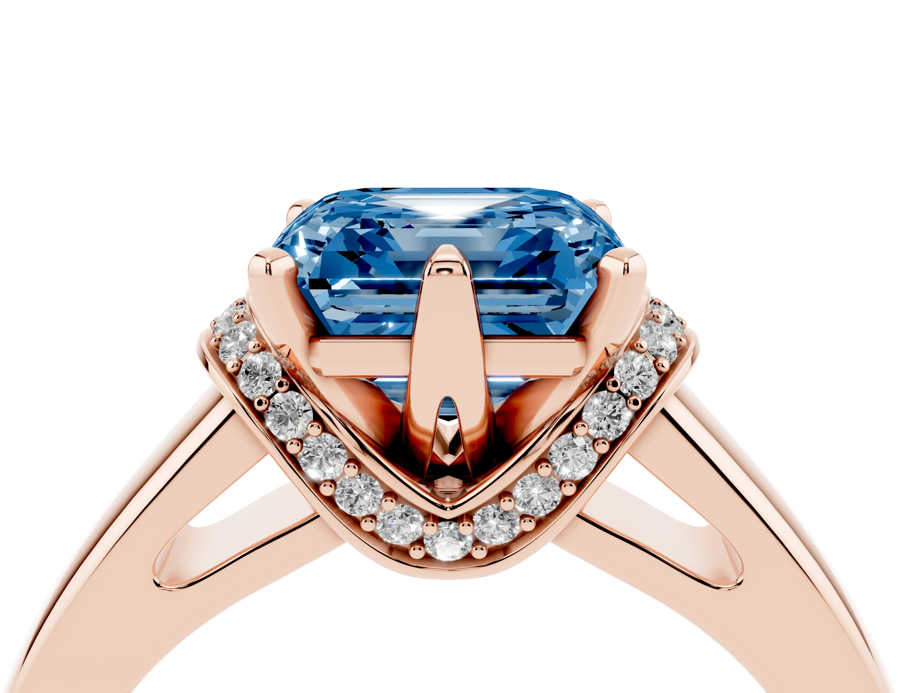 Fancy Blue Asscher Cut Diamond Pavé Band Solitaire Ring Set in Rose gold with Prong Setting