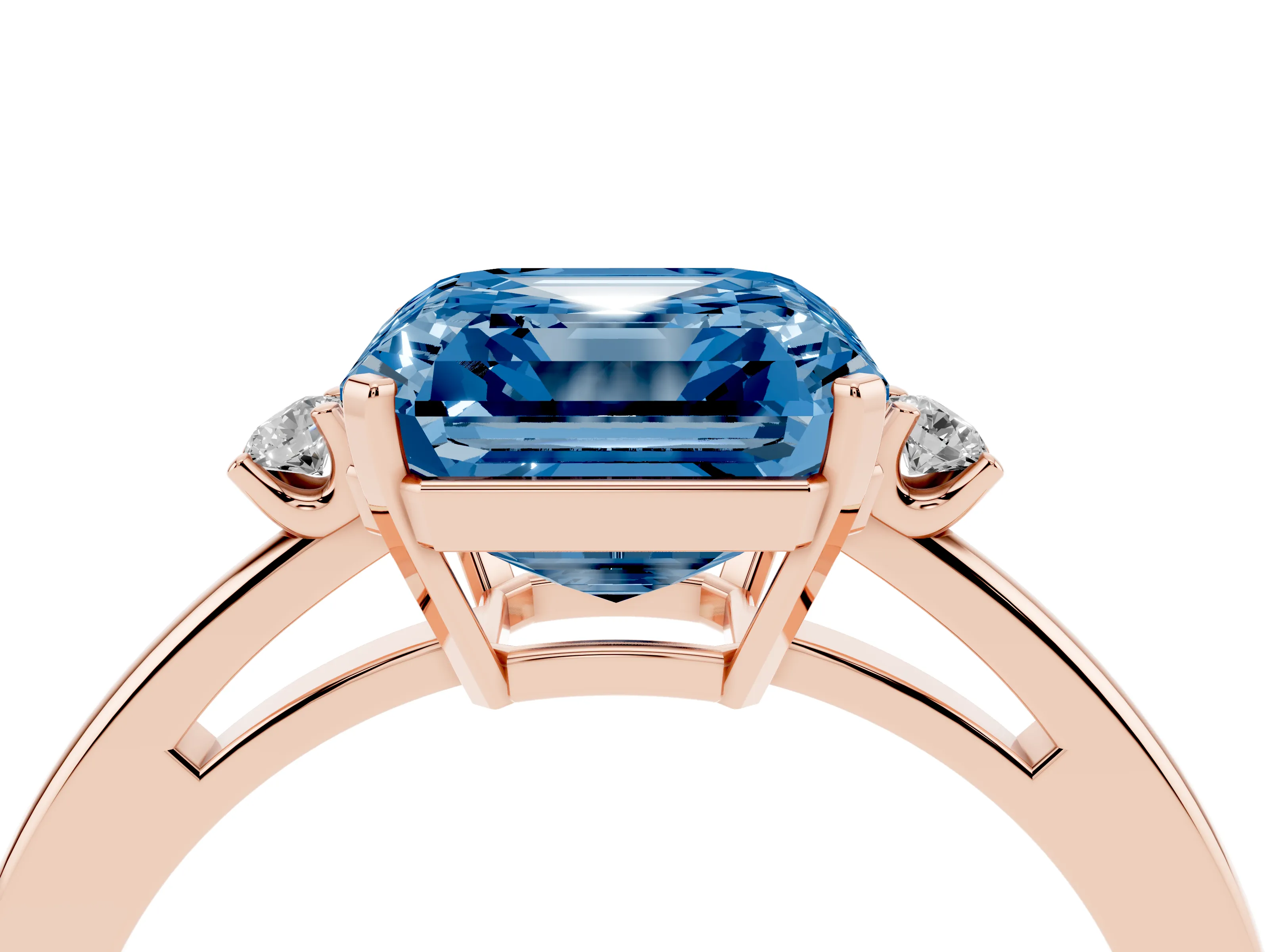 Fancy Blue Three-Stone Asscher Cut Diamond Solitaire Ring Set in Rose gold with Round Accent Stones and Prong Setting