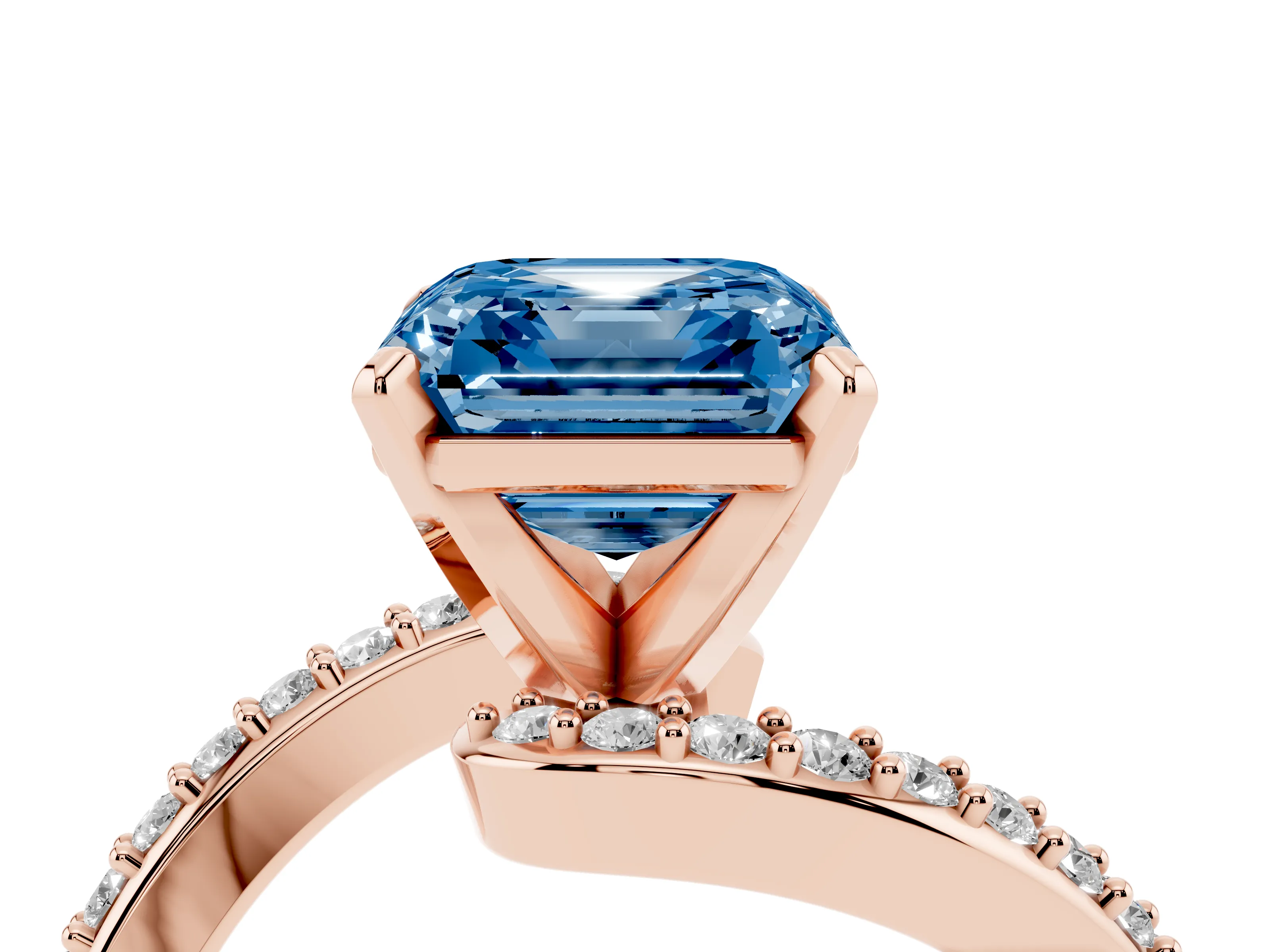 Fancy Blue Asscher Cut Diamond Solitaire Ring Set in Rose gold with Pavé Twist Band and Prong Setting