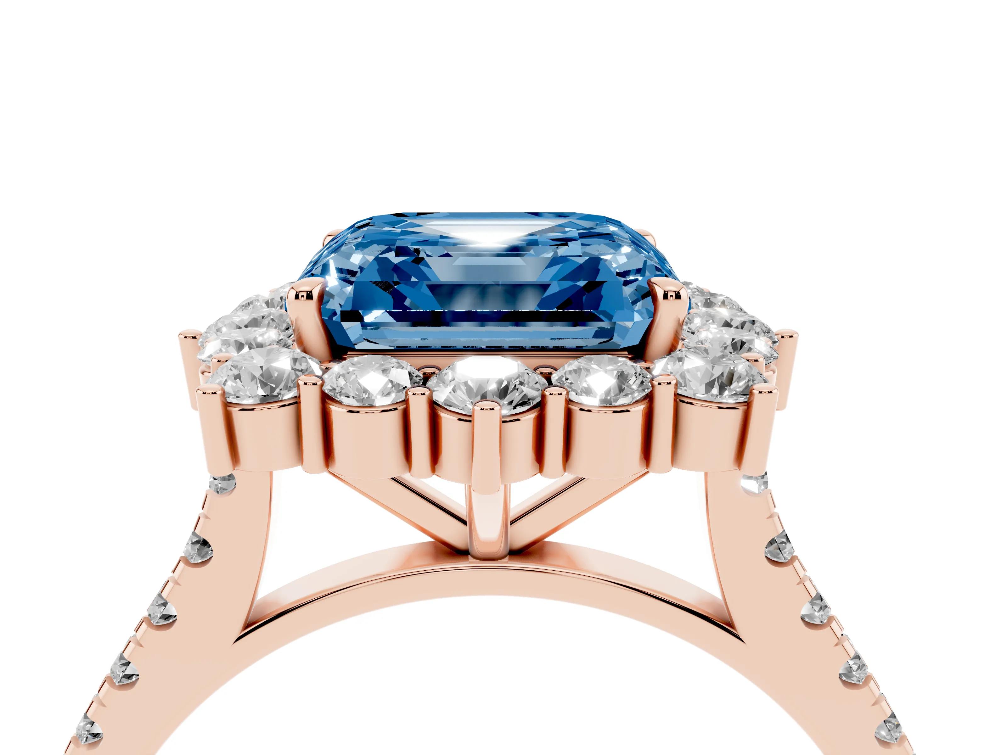 Fancy Blue Asscher Cut Diamond Halo Ring Set in Rose gold with Pavé Band and Prong Setting