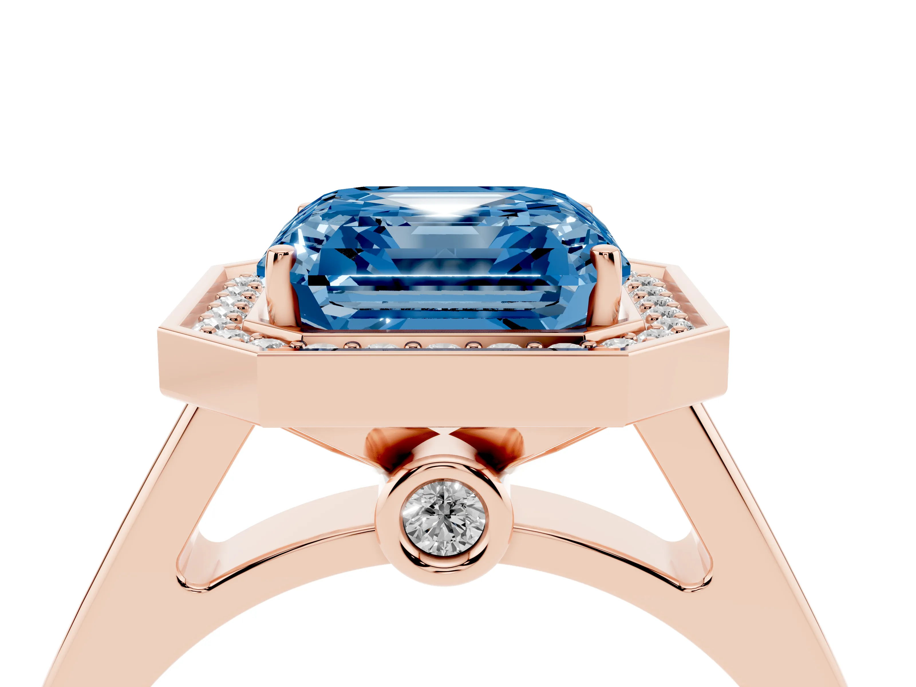 Fancy Blue Asscher Cut Diamond Halo Solitaire Ring Set in Rose gold with Pavé Band and Bezel Setting