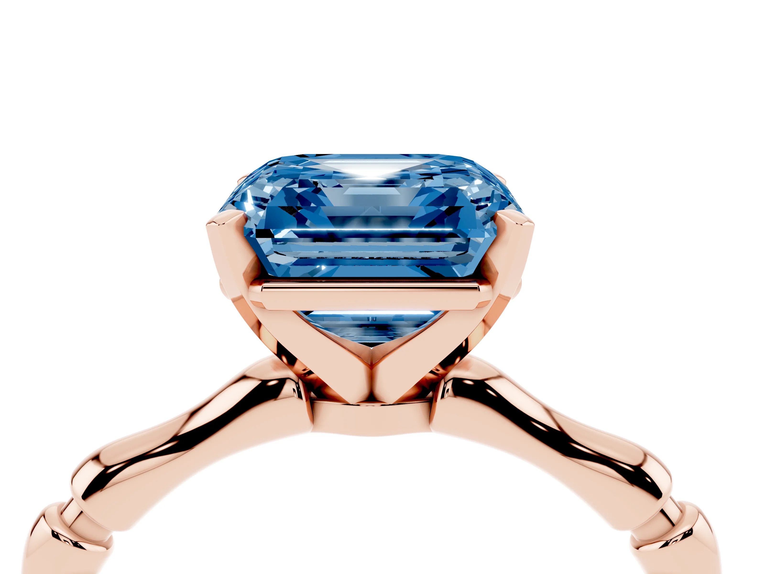 Fancy Blue Asscher Cut Diamond Solitaire Ring Set in Rose gold with Bamboo Band and Prong Setting