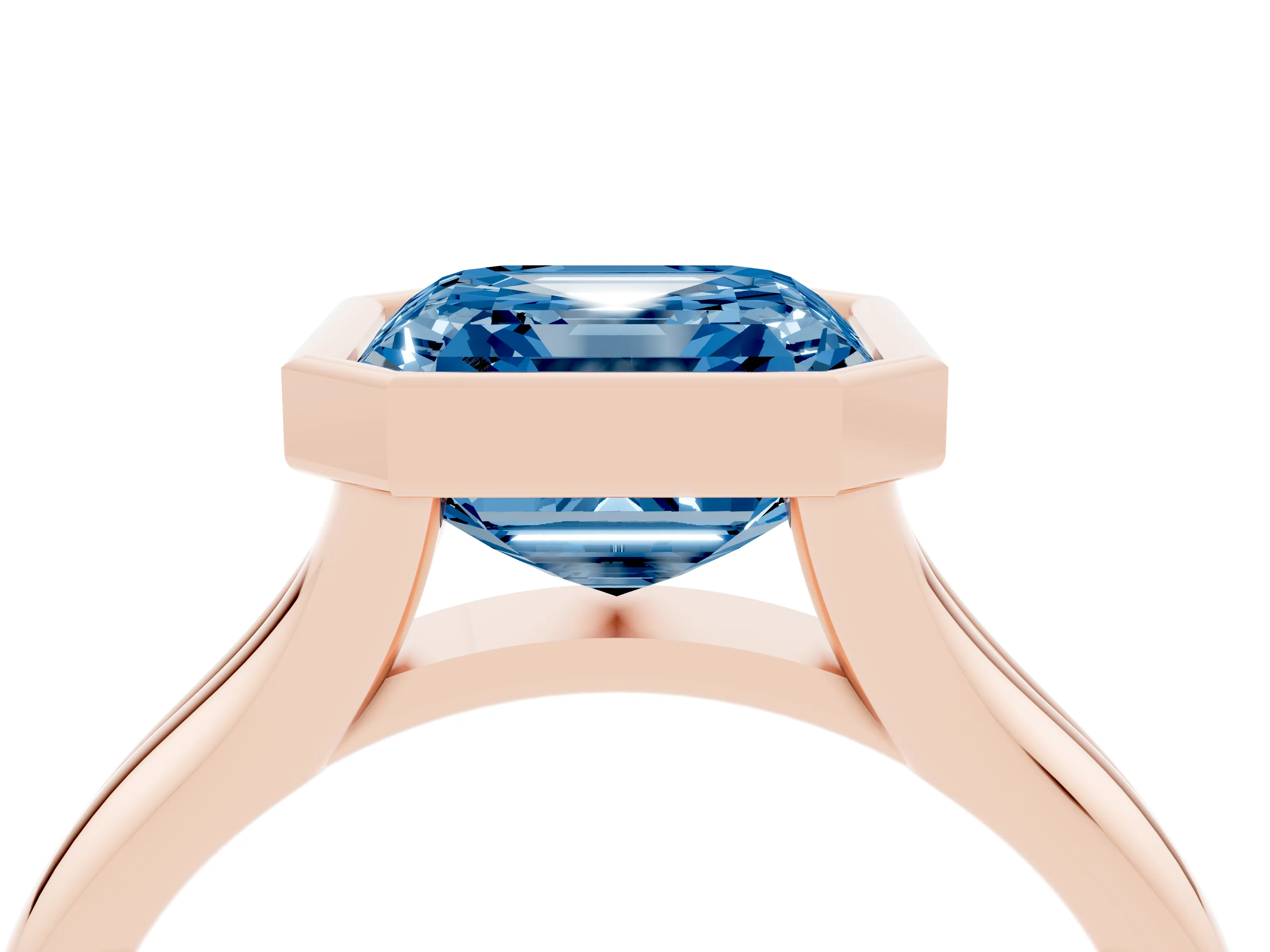 Fancy Blue Bezel Set Asscher Cut Diamond Solitaire Ring Set in Rose gold with Smooth Band