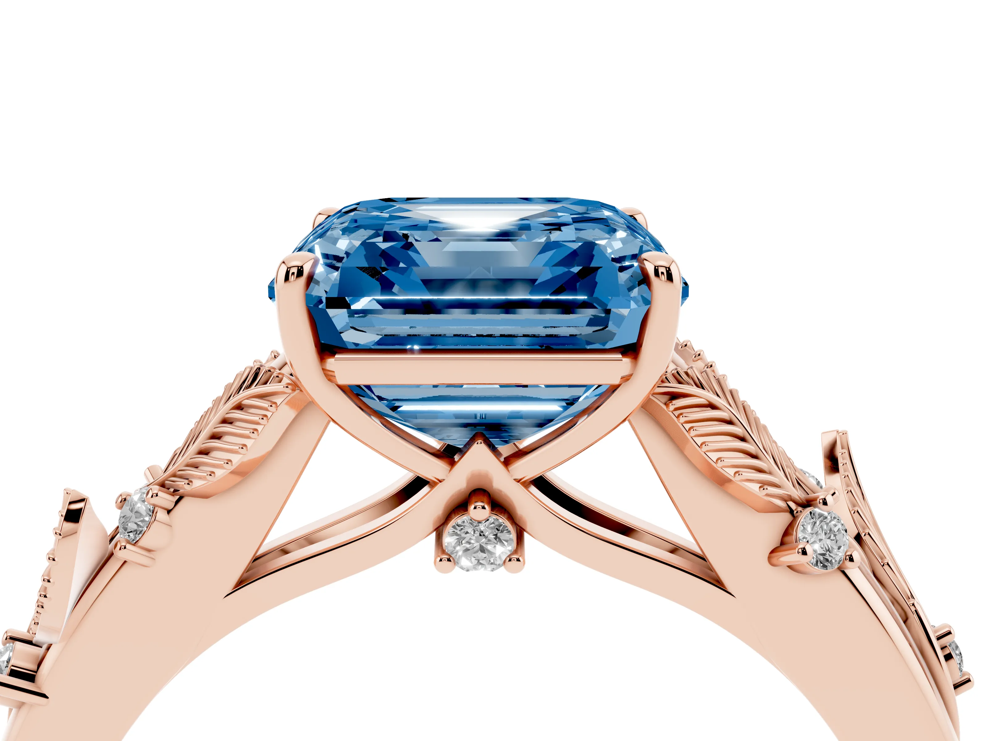 Fancy Blue Asscher Cut Diamond Solitaire Ring Set in Rose gold with Leaf Motif Band