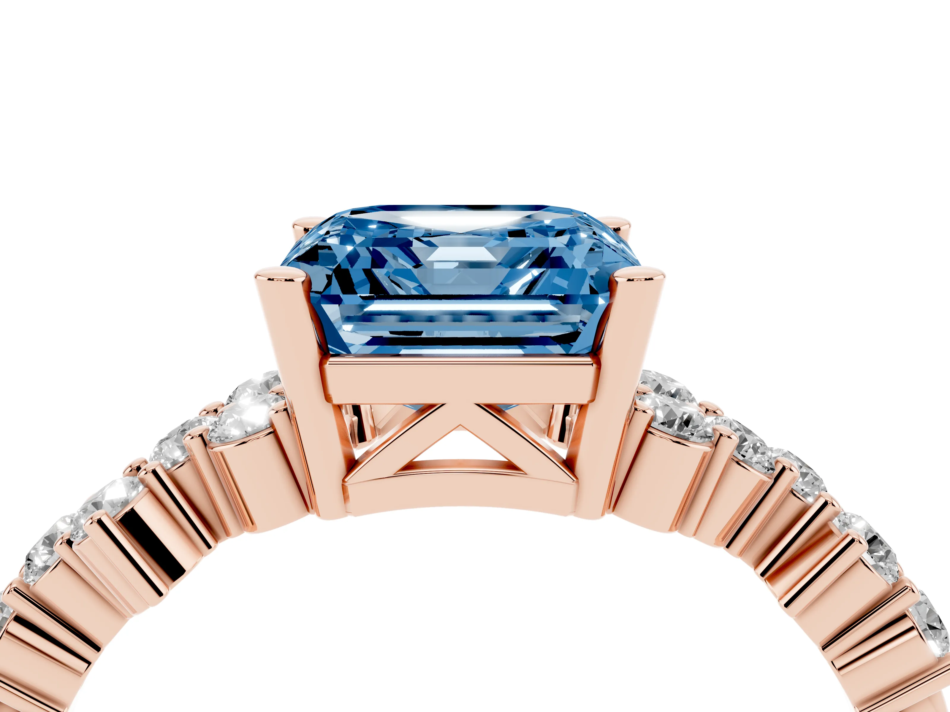 Fancy Blue Asscher Cut Diamond Ring Set in Rose gold with Scattered Round Accents