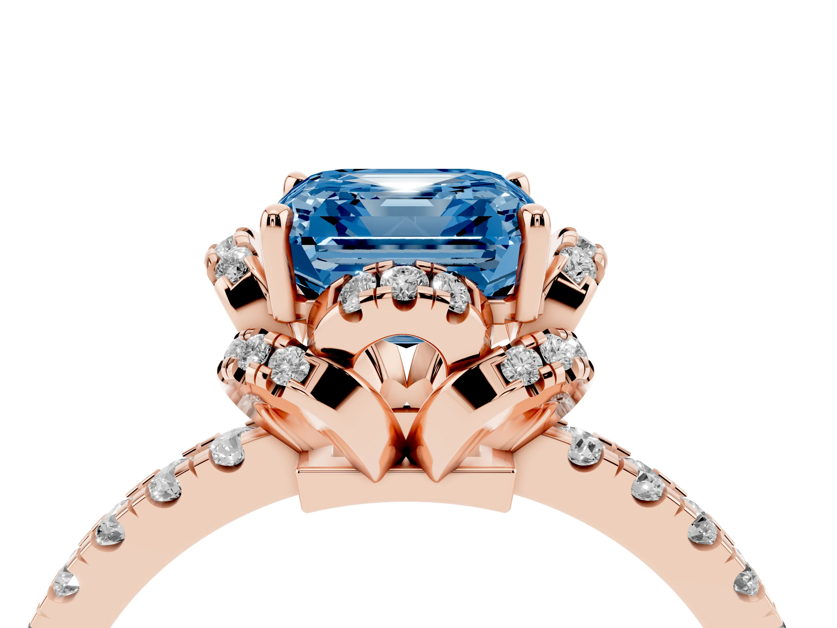 Fancy Blue Asscher Cut Diamond Halo Pavé Band Ring Set in Rose gold with Prong-Held Center